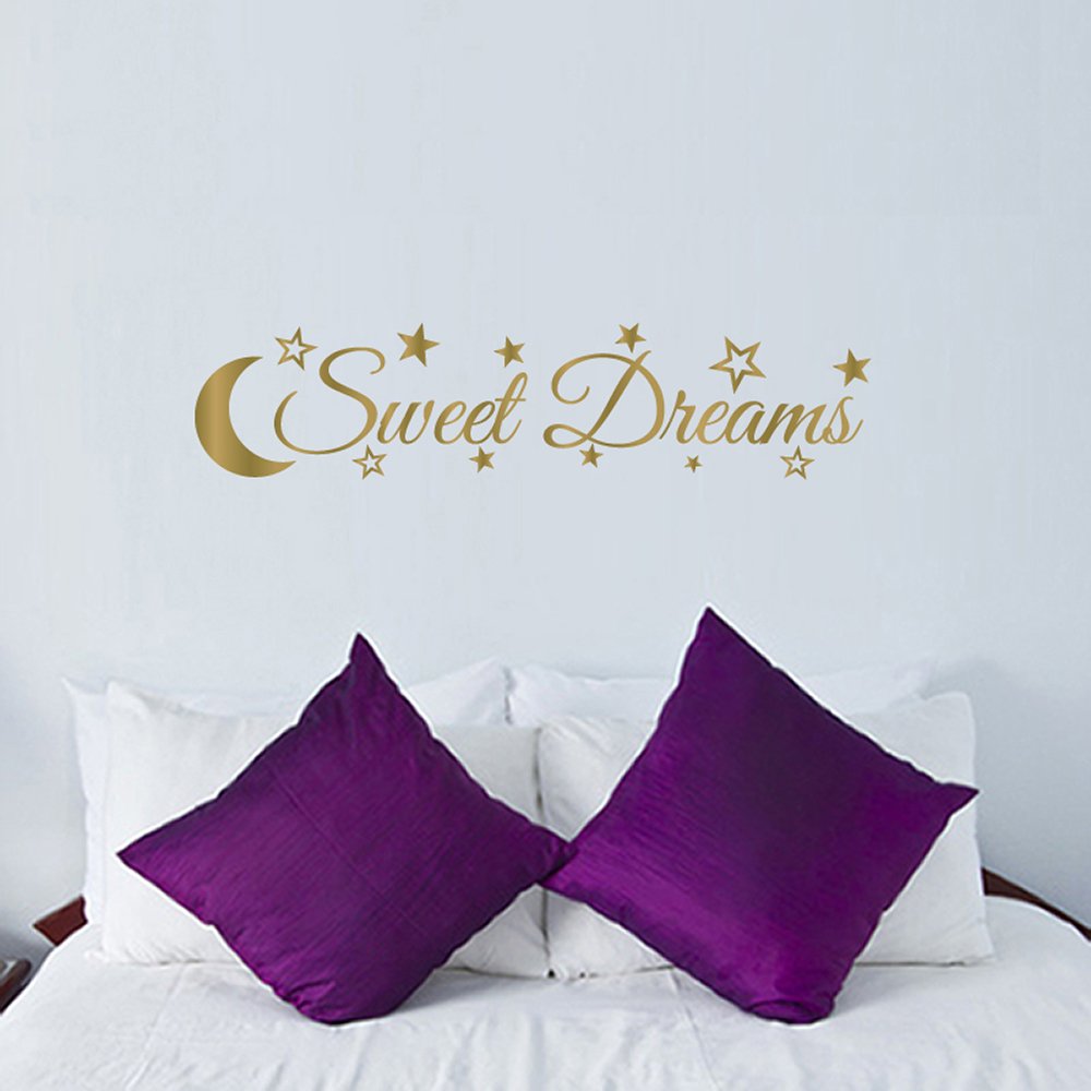 TopZog SWEET DREAMS quote, design with moon and stars, wall art sticker decal words, GOLD (METALLIC), 56x13 cm