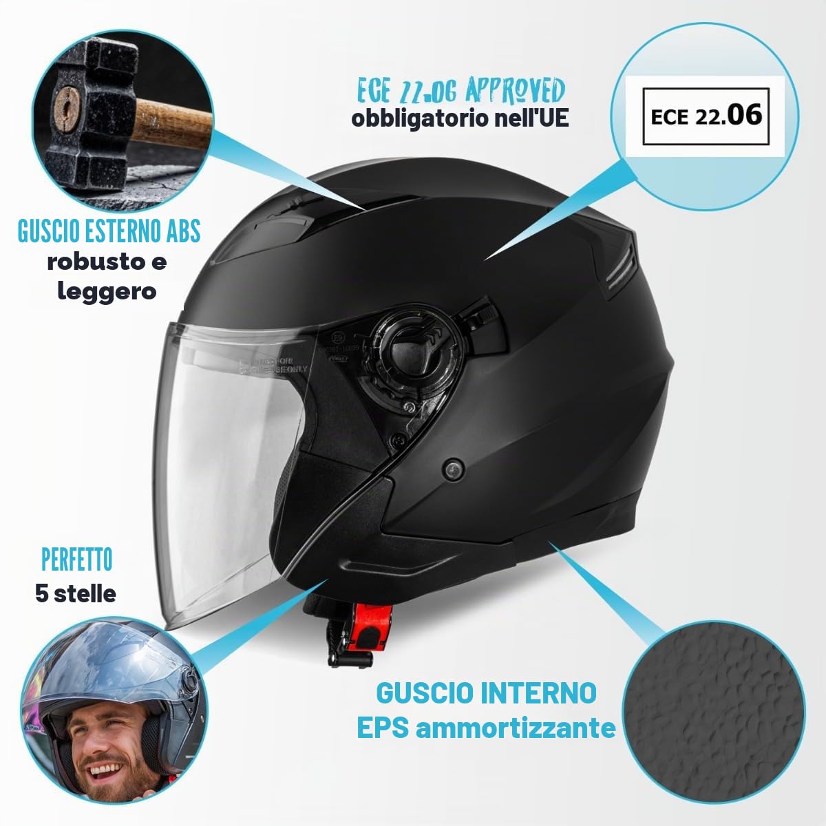 VINZ Calobra Casco Jet Doppia Visiera | Casco Scooter / Moto Donna E Uomo | Certificato ECE 22.06 | nelle taglie dalla XS-XXL