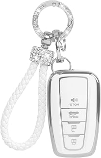 for Toyota Key Fob Cover with Bling Lanyard, Key Fob Case for Toyota Camry Highlander RAV4 Corolla Avalon C-HR Prius GT86 4Runner Prado Soft TPU Smart Key Holder(Ivory)