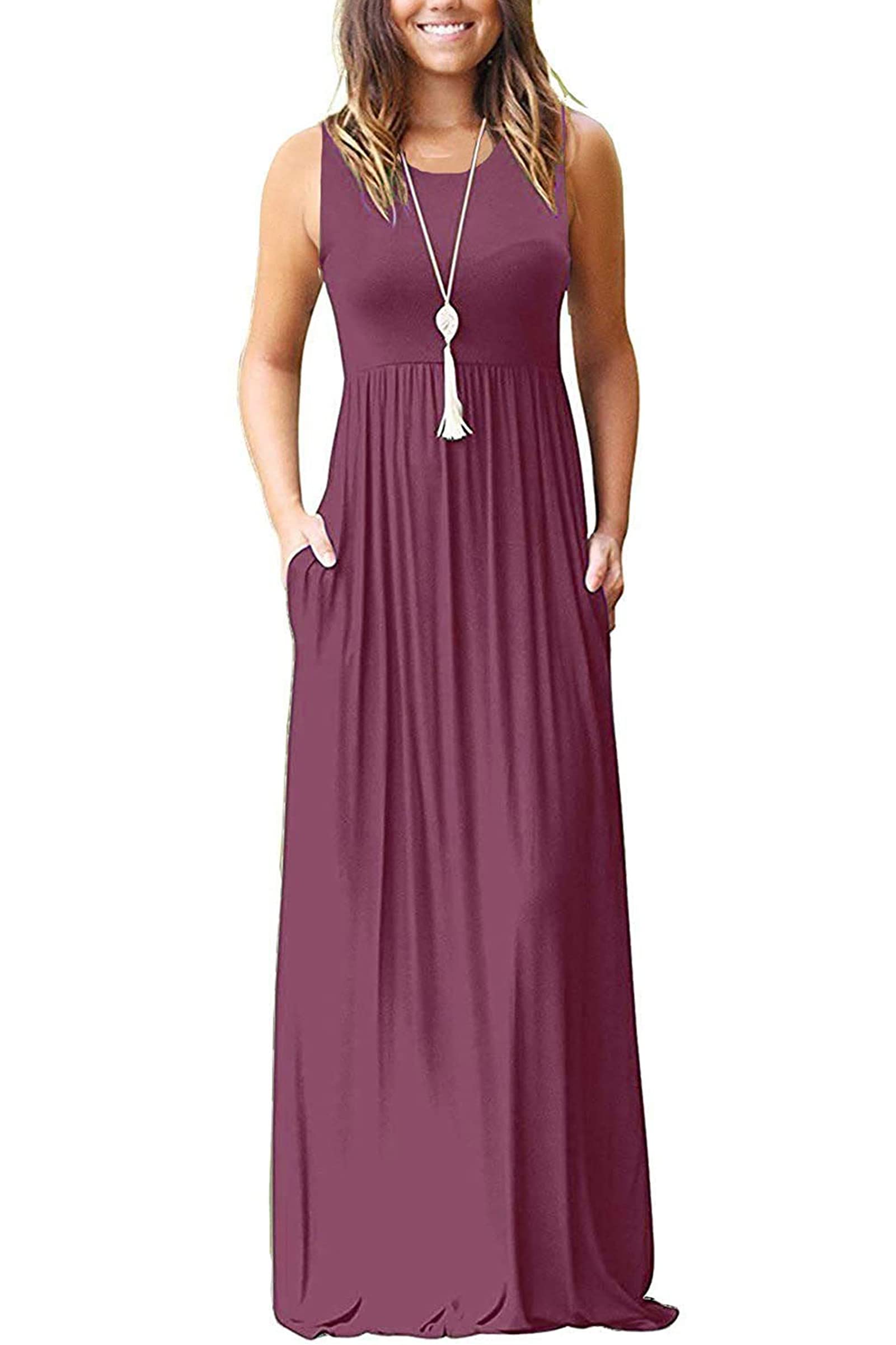 WNEEDU Women's Sleeveless/Short Sleeve Loose Plain Summer Casual Long Maxi Dresses with Pockets - XX-Large Mauve