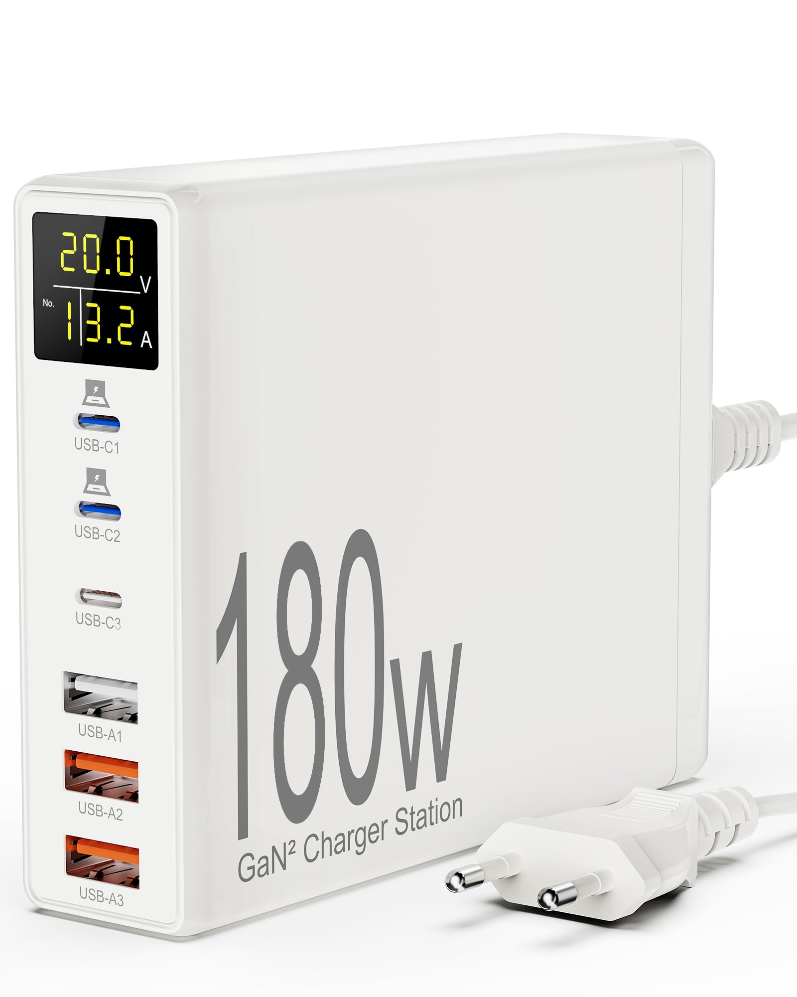 Sanicata 180 W 6-portowa ładowarka USB, wielokrotna, szybka ładowarka USB C z ekranem LCD, zasilacz USB C GaN USB stacja ładująca do MacBook, iPad, iPhone 14/13/12/Pro/Max, Samsung Galaxy S22