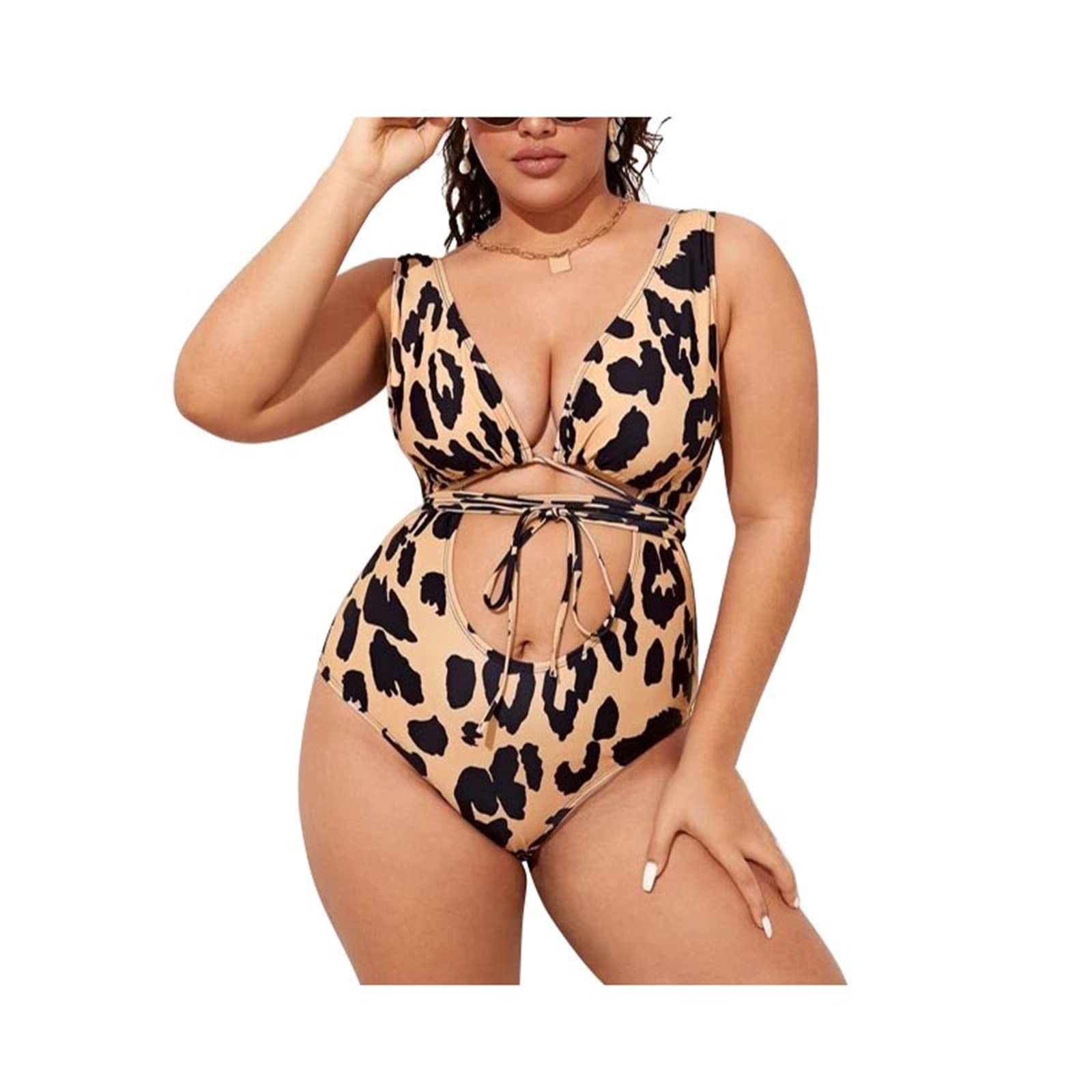 Kostium kąpielowy plus size 1 sztuka, damski strój kąpielowy wycięcie bez pleców nadruk panterka poliester miękki strój kąpielowy