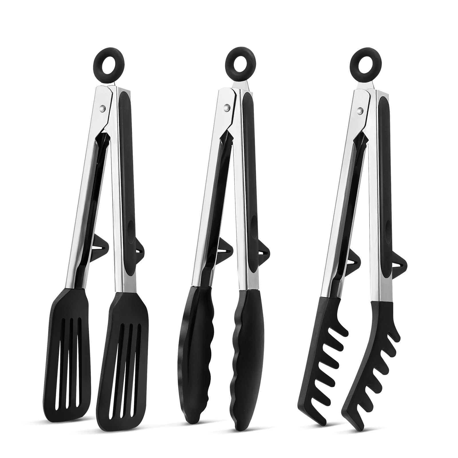 Kitchen Tongs for Cooking, 9 Inch Non Scratch Silicone Tip for Nonstick Cooking Pans, Food Grade Mini Serving Tongs, Pull Lock, Set of 3, Black