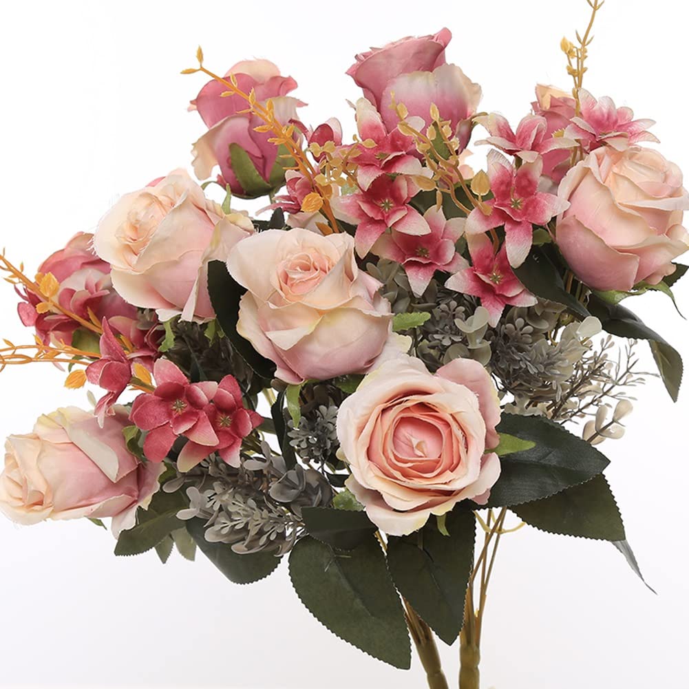 Fiori Artificiali Finti, Rose di Seta con Stelo, Bouquet per Matrimoni, Feste e Decorazioni per la casa. Composizione con 6 Rose e 3 boccioli.