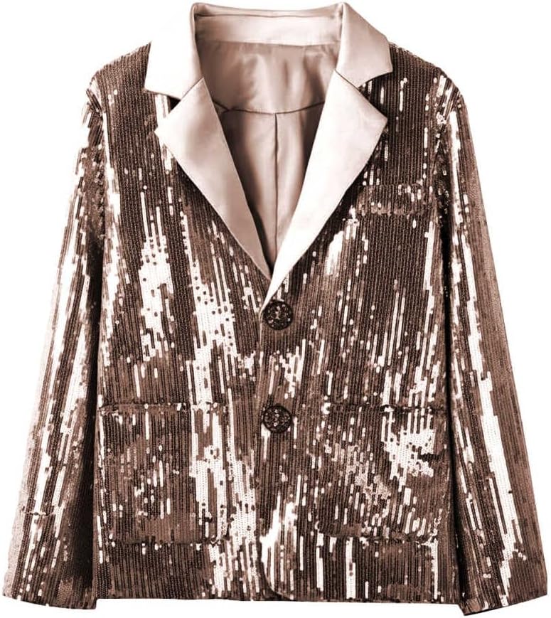 Girls Sequin Jackets Notch Lapel Button Down Blazer for Kids Sparkly Casual Suit Coat with Pockets