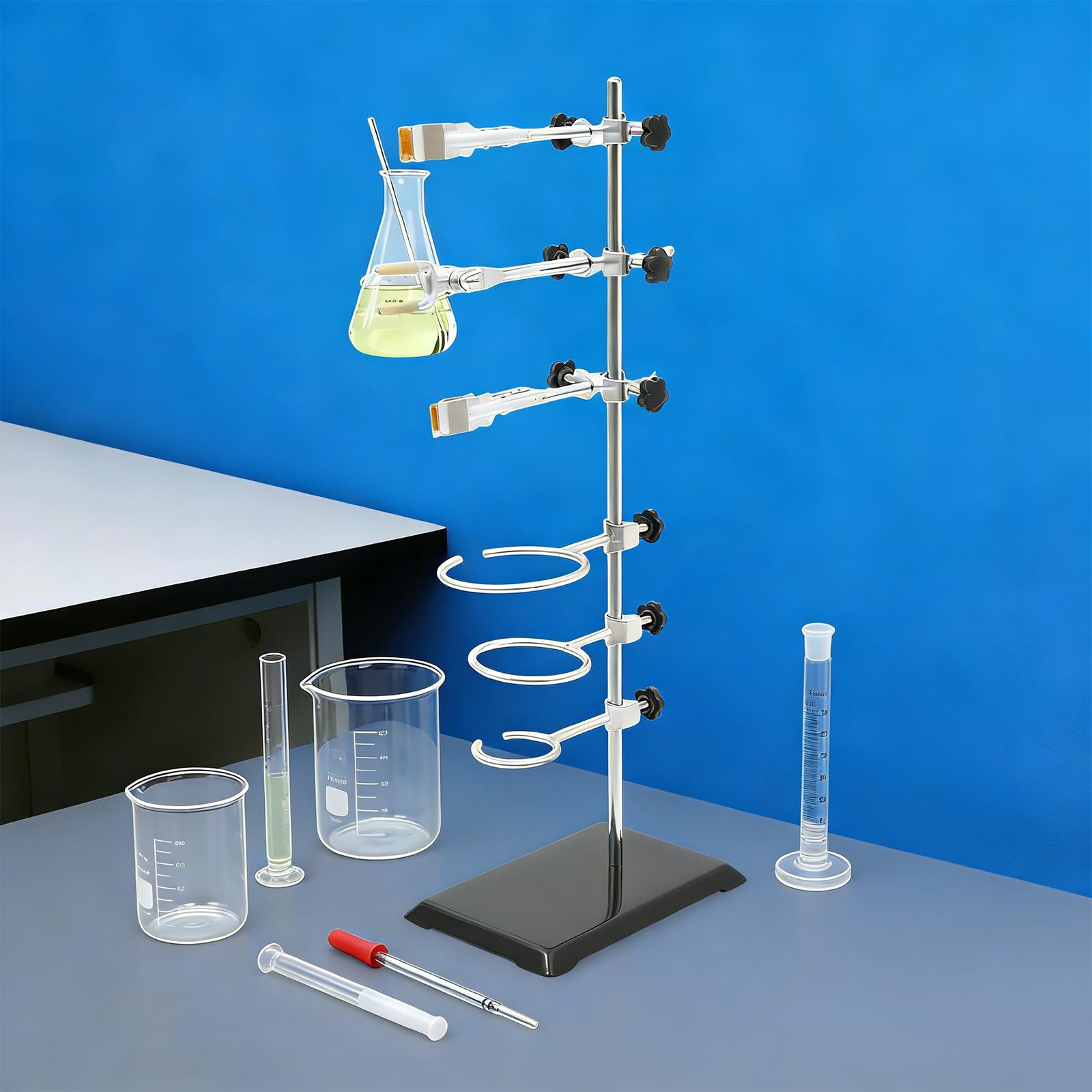 Set di cavalletti da laboratorio con base, 60 cm, in ferro, con 3 morsetti a pistone, 3 morsetti ad anello da 6/8/10 cm e 3 morsetti a croce per chimica e fisica