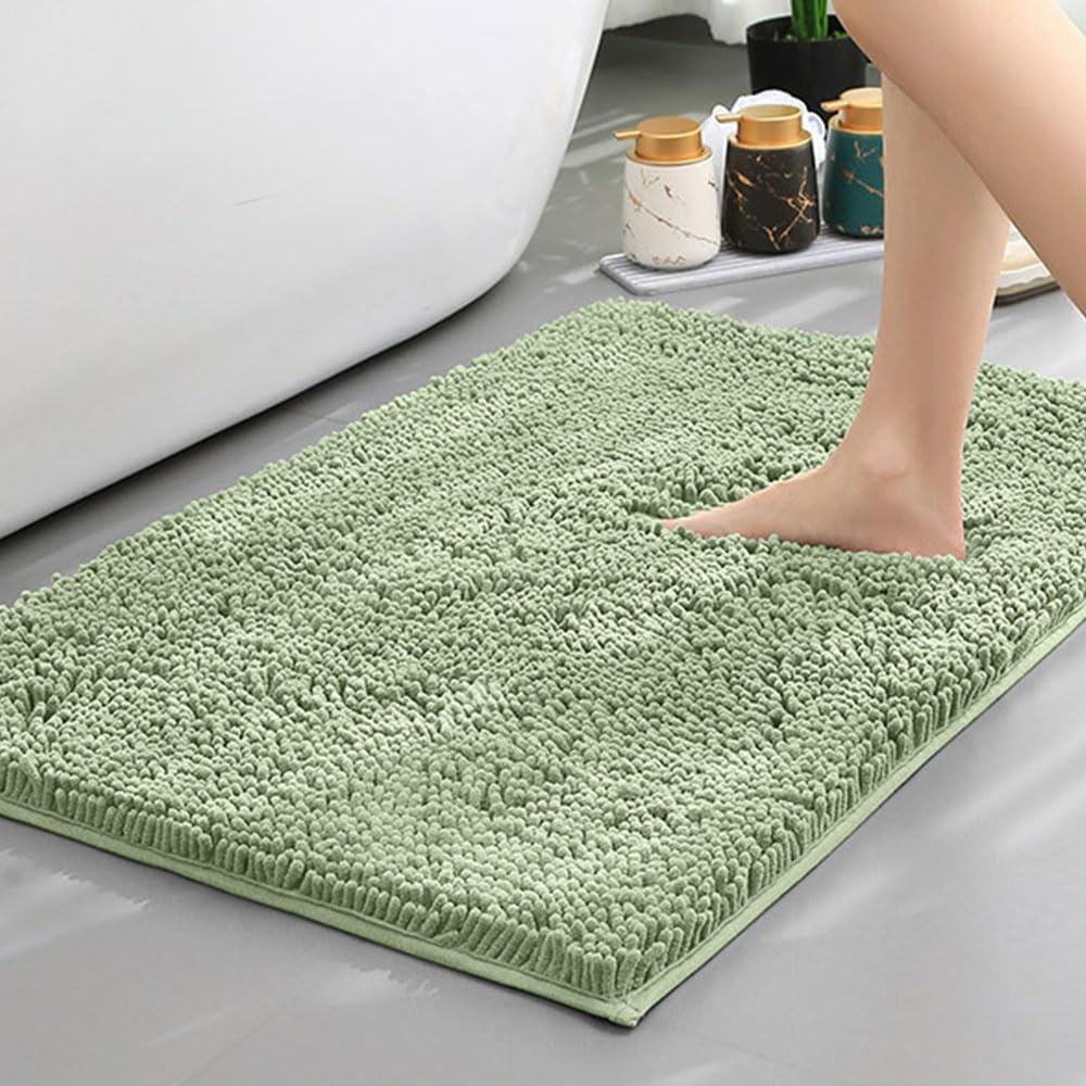 Mateju Bath Mats for Bathroom Non-Slip Rectangle Chenille Bathroom Rug Absorbent Shower for Bath and Tub Toilet, Red Series Encryption Mat for Children Pets Cats (Light Green,40x60CM)