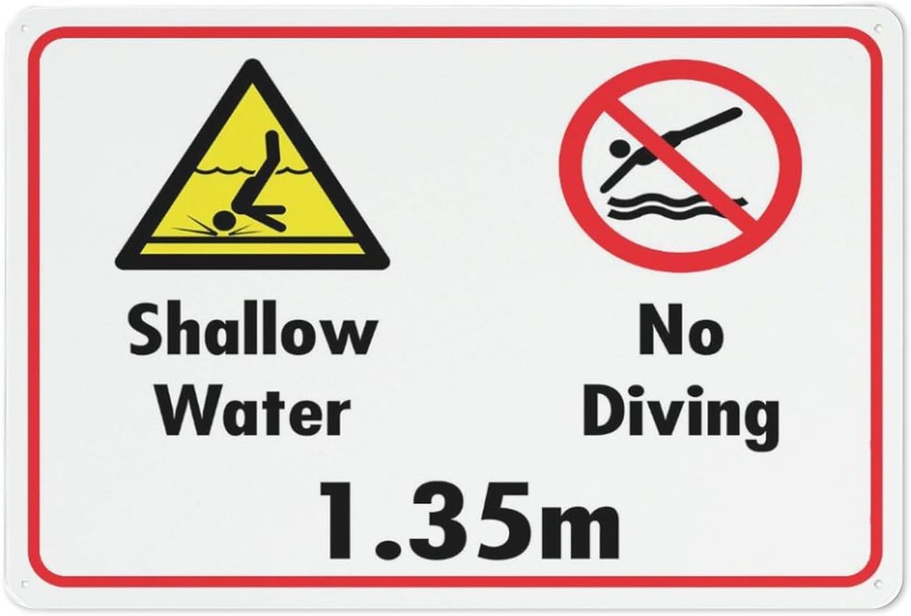 Shallow Water No Diving 1.35M Rust Free Aluminum Sign - UV Protected, Waterproof Decor with 4 Pre-Drilled Holes - 16x12 Inches​