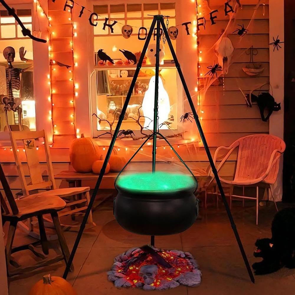 Grand chaudron de sorcière sur trépied de 130 cm avec lumières, décoration de bol en plastique noir, décoration de seau à bonbons pour intérieur ou extérieur, maison, porche, cour, pelouse, fête