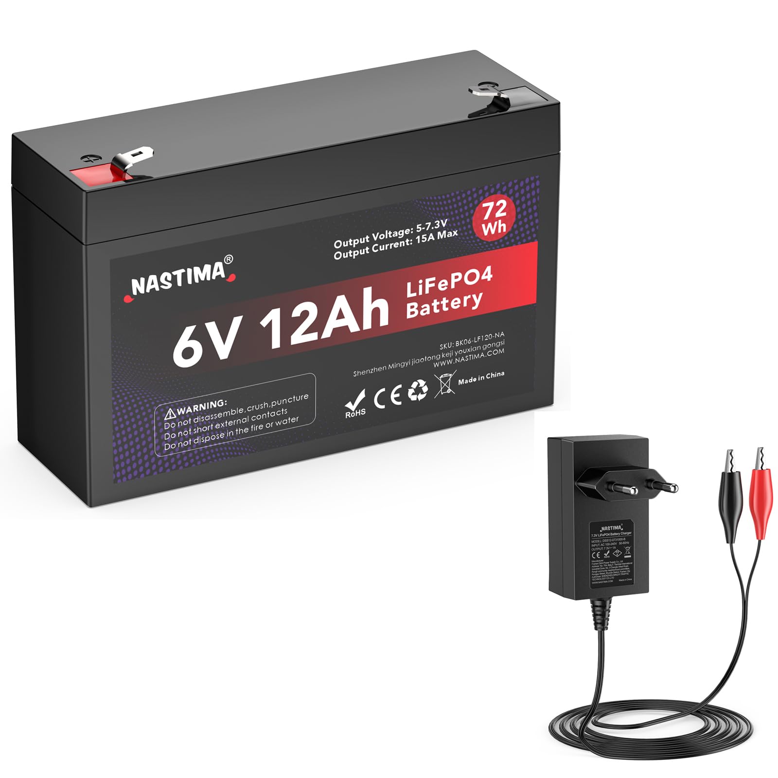 NASTIMA Batterie Rechargeable 6V 12Ah LiFePO4 avec Protection BMS et Cycle Profond 4000, avec Chargeur 7,3V 1000mA LiFePO4