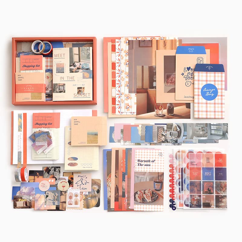 Image of Retailio 348 Pcs Scrapbook Kit Vintage Aesthetic Scrapbook Kit for Bullet Junk Journal Stationery A6 Grid Notebook, DIY Journaling Supplies, Birthday Craft Gift (Sunset)
