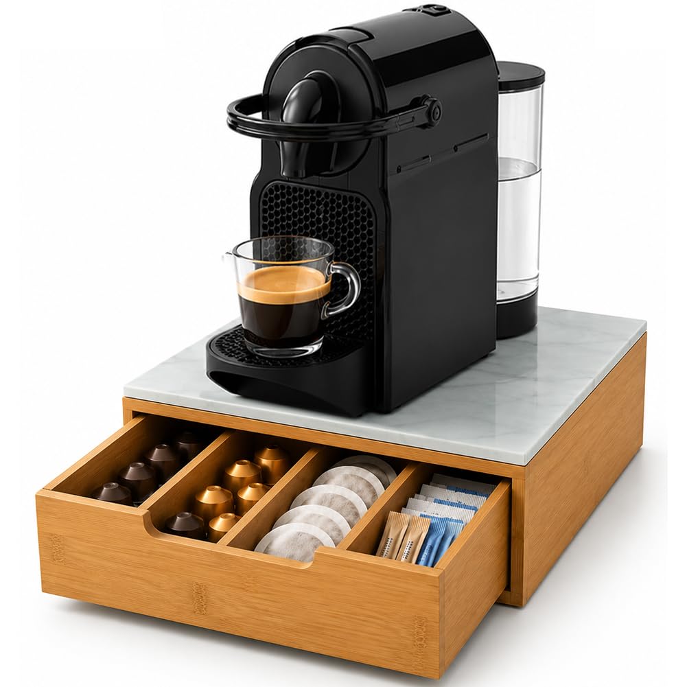 BAKAJI Kapselhalter mit Schublade für Kapseln Nescpresso Dolcegusto Modomio Caffe Lavazza Teebeutel Zucker aus Bambusholz (31,5 x 30 x 10 cm Sky White)