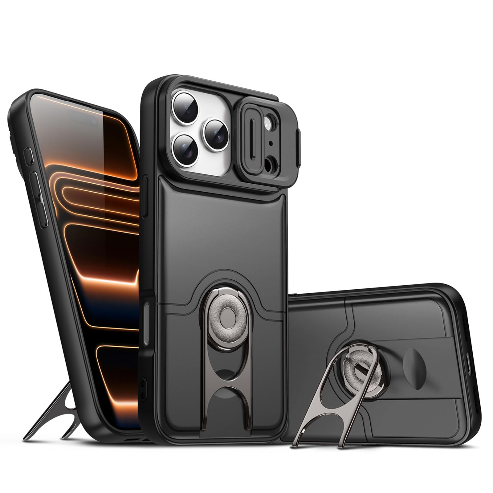 MFAOSHI Slim Case for iPhone 17 Pro Max/17 Pro/17 Air/17, All-inclusive Lens Protection Shockproof Case with Swivel Metal Stand Cover,Black,17 ProMax