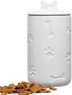 NIXBYO Airtight Ceramic Dog Treat Jar - 9x5" Large White Farmhouse Cookie Container for Kitchen Counter, Dogs Cats Pets Storage