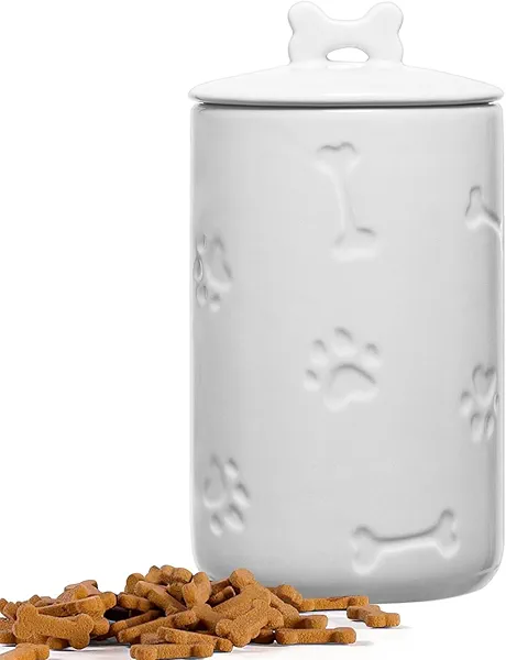 NIXBYO Dog Treat Container Airtight - 9"x5" Large Ceramic Dog Treat Jar for Kitchen Counter, White Dog Cookie Jar with Lid - Farmhouse Style Dog Food Storage Container for Dogs, Cats, Pets