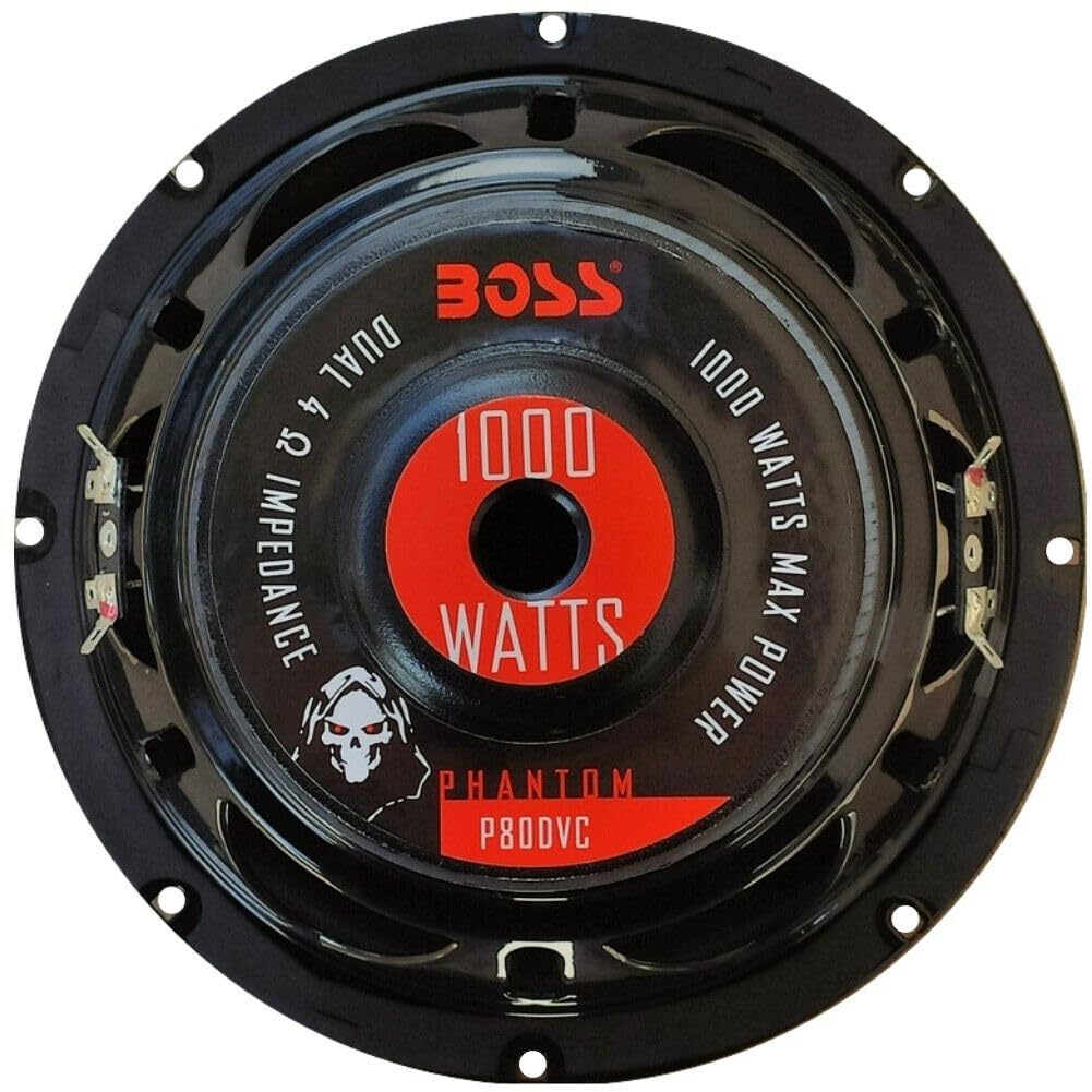 KIT SET PER BOSS AUDIO SYSTEMS P80DVC 1 subwoofer da 20 cm 200 mm 8", doppia bobina 4+4 ohm, 500 watt rms 1000 watt max, 88 db sp,l per cofano, bagagliaio, auto, 1 pezzo