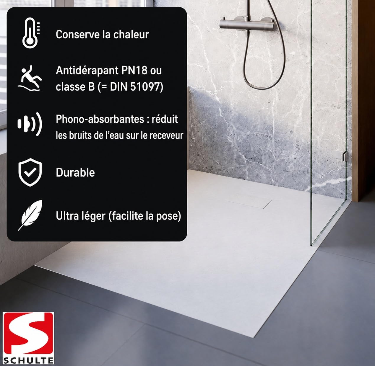 Schulte receveur douche 90x120x3 cm résine effet pierre blanc antidérapant | carré collecteur central