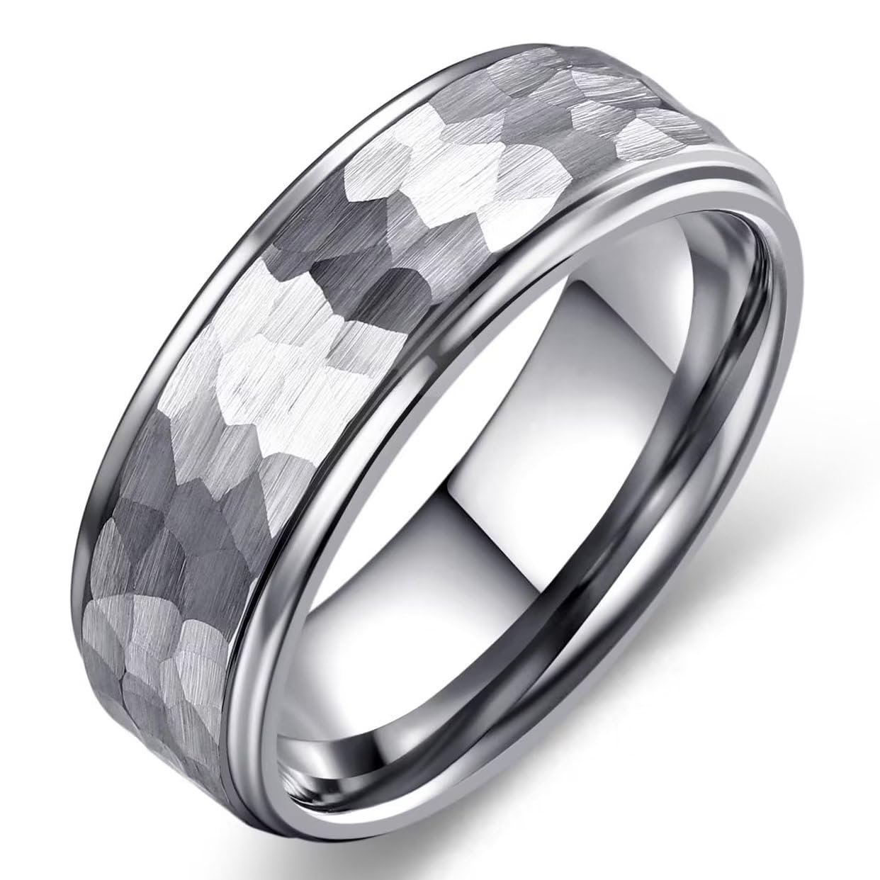 Adreamz6mm 8mm Mens Hammered Tungsten Carbide Wedding Rings Black Silver Hammered Wedding Band Brushed and Step Edge