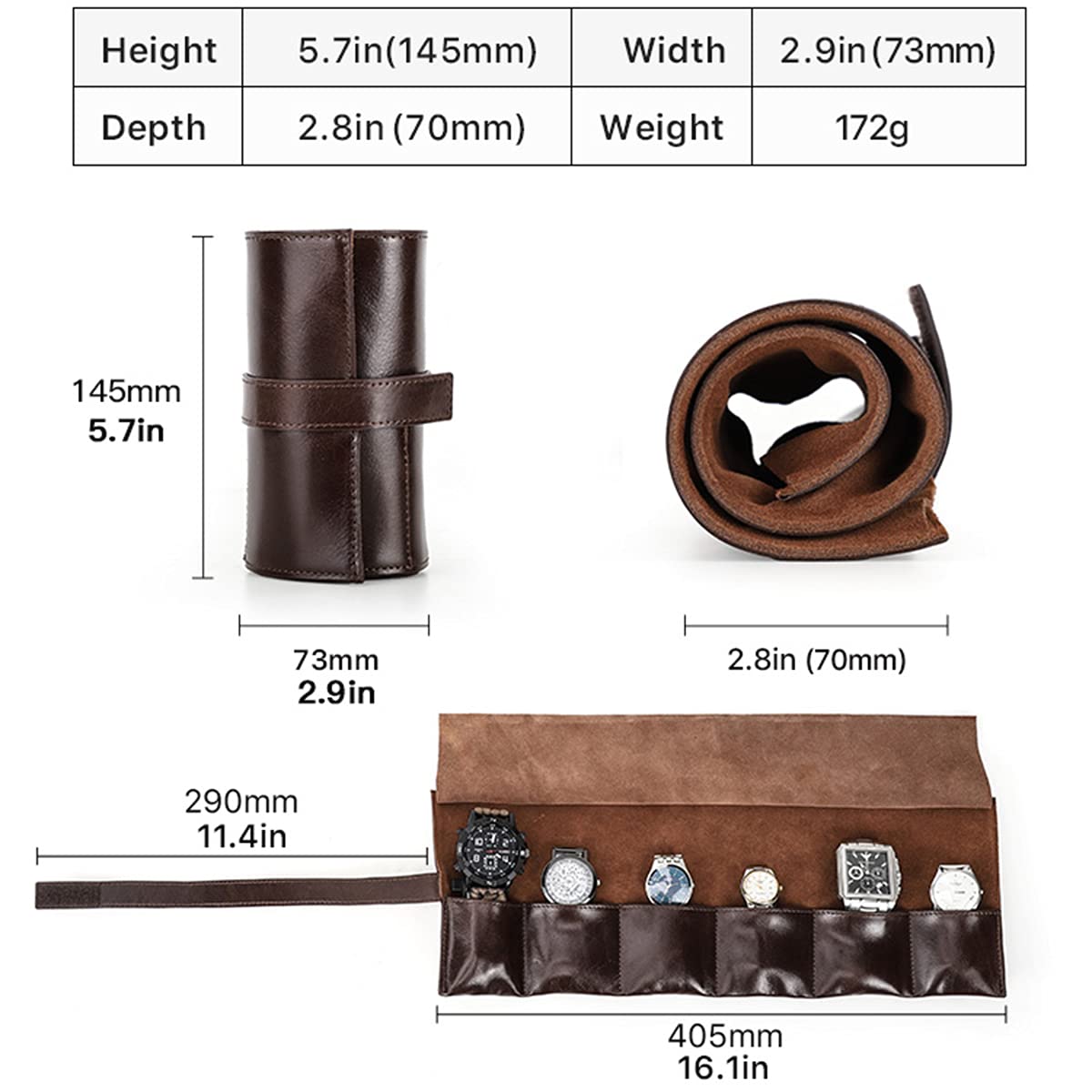 CONTACTS Uhrenrolle aus echtem Leder, tragbare Bandtasche mit 6 Fächern, für Herrenuhren, Aufbewahrungsbox, Reisetasche, Behälter, Beutel, Vintage (Kaffee)