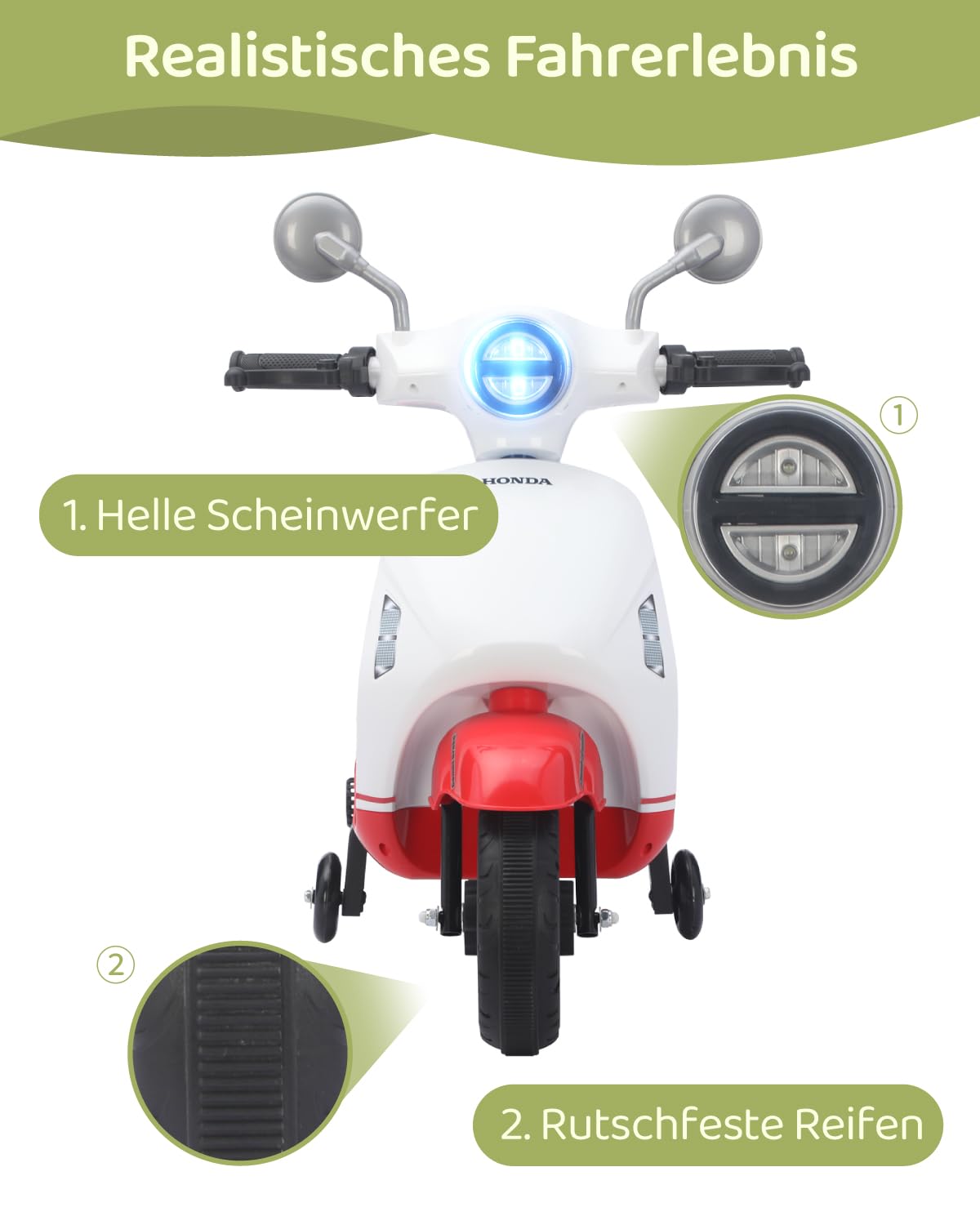 TCARAIWEN Kinder Motorrad Elektrisch, 6V Kindermotorrad für 1-3 Jahre, Elektro Moped für Kinder mit Stützrädern, 3 km/h Sicherer Mini Roller, Musik & Scheinwerfer (Rot)