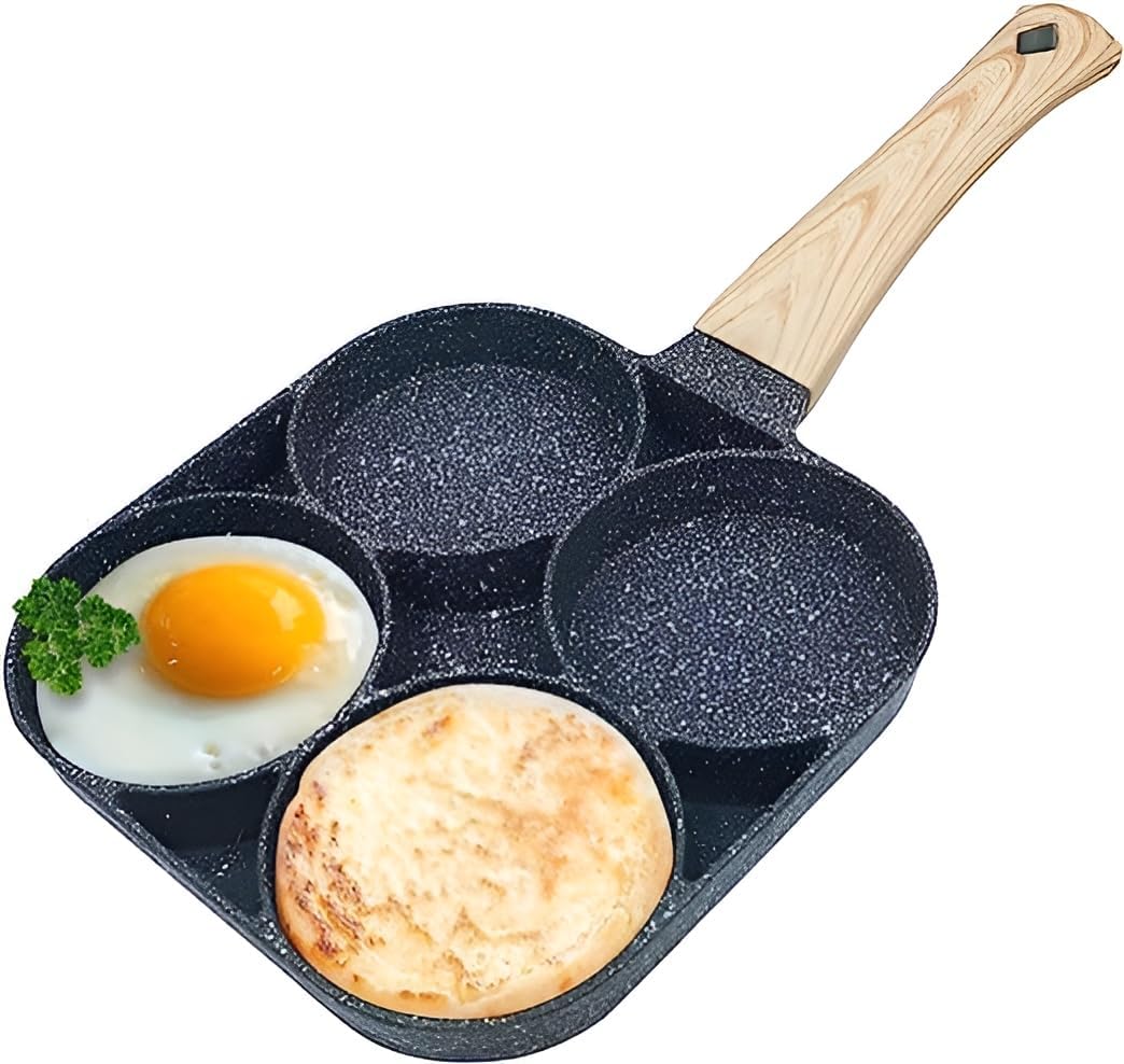 Non Stick Frying Pan 4 Hole Ceramic Pan for Cooking Egg Frying Pan with Wooden Handle Small Non Stick Omelette Pan Iron Cooking Pans for Kitchen (1pcs) (Black)