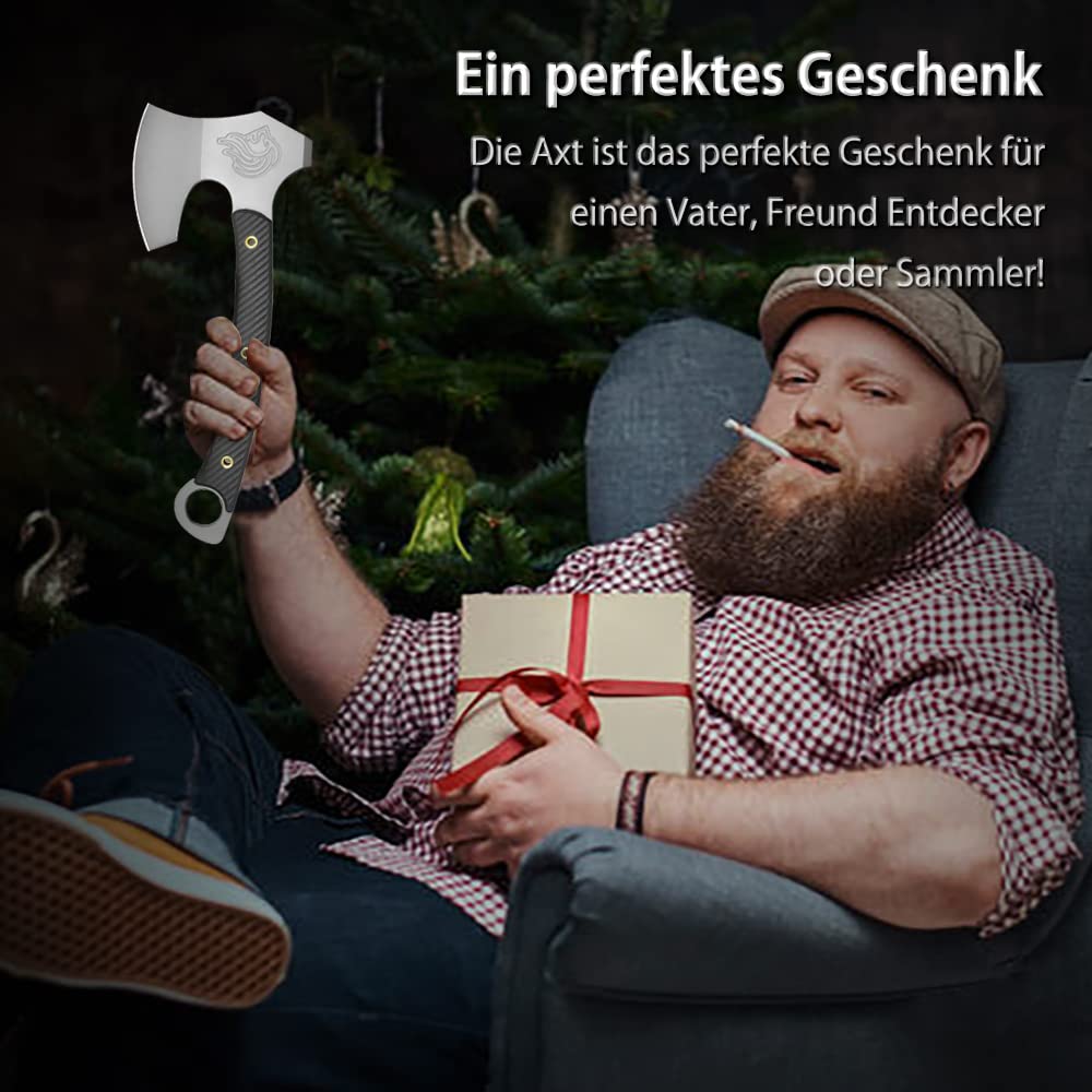 NedFoss Hacha de supervivencia Viking de 31,5 cm con mango G10 y hoja de acero de alto carbono con funda de piel auténtica