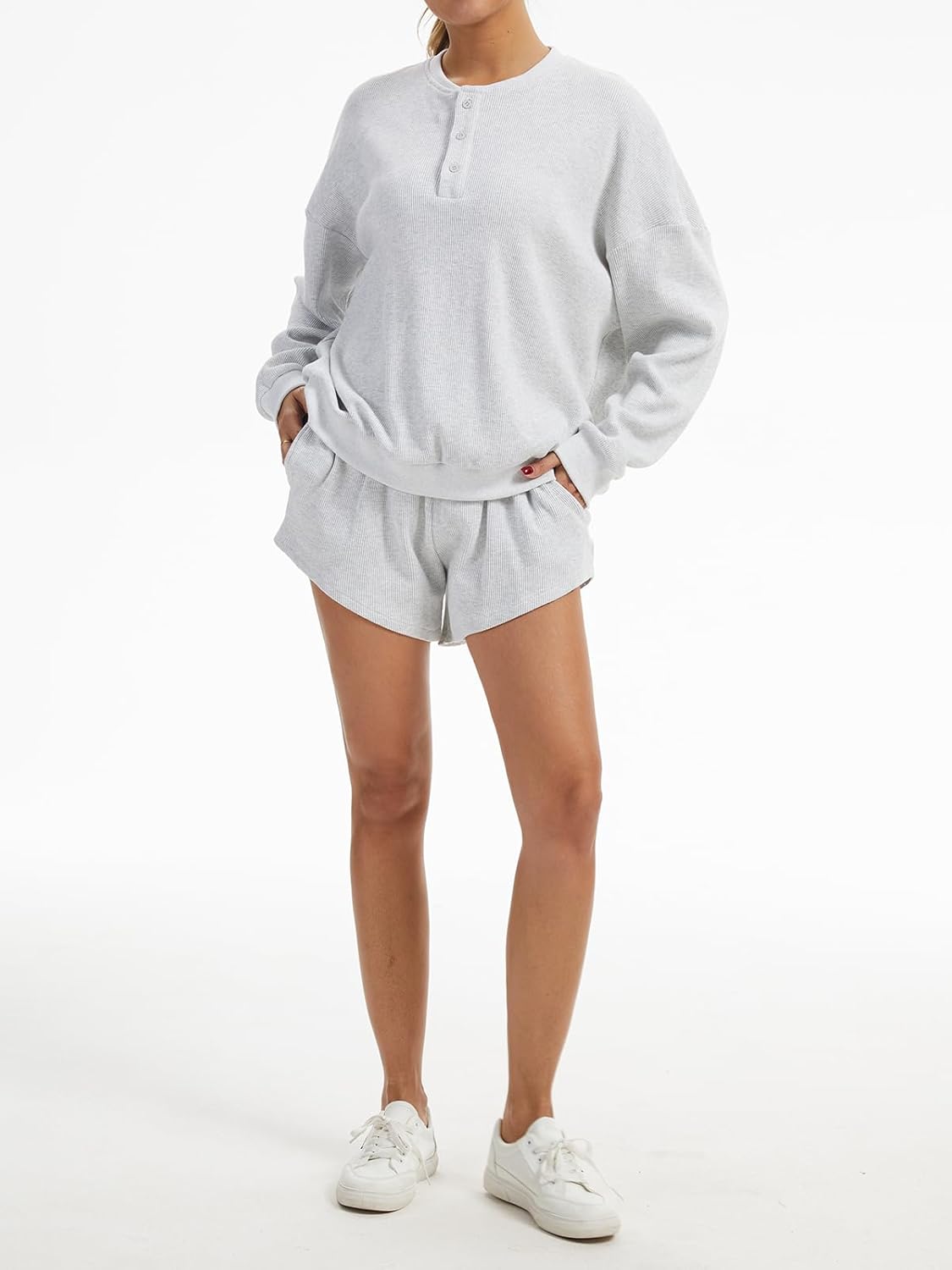 AnotherChill Women's Oversized Waffle Knit Lounge Set Long Sleeve Sweatshirt and High Waisted Shorts 2 Piece Casual Outfit