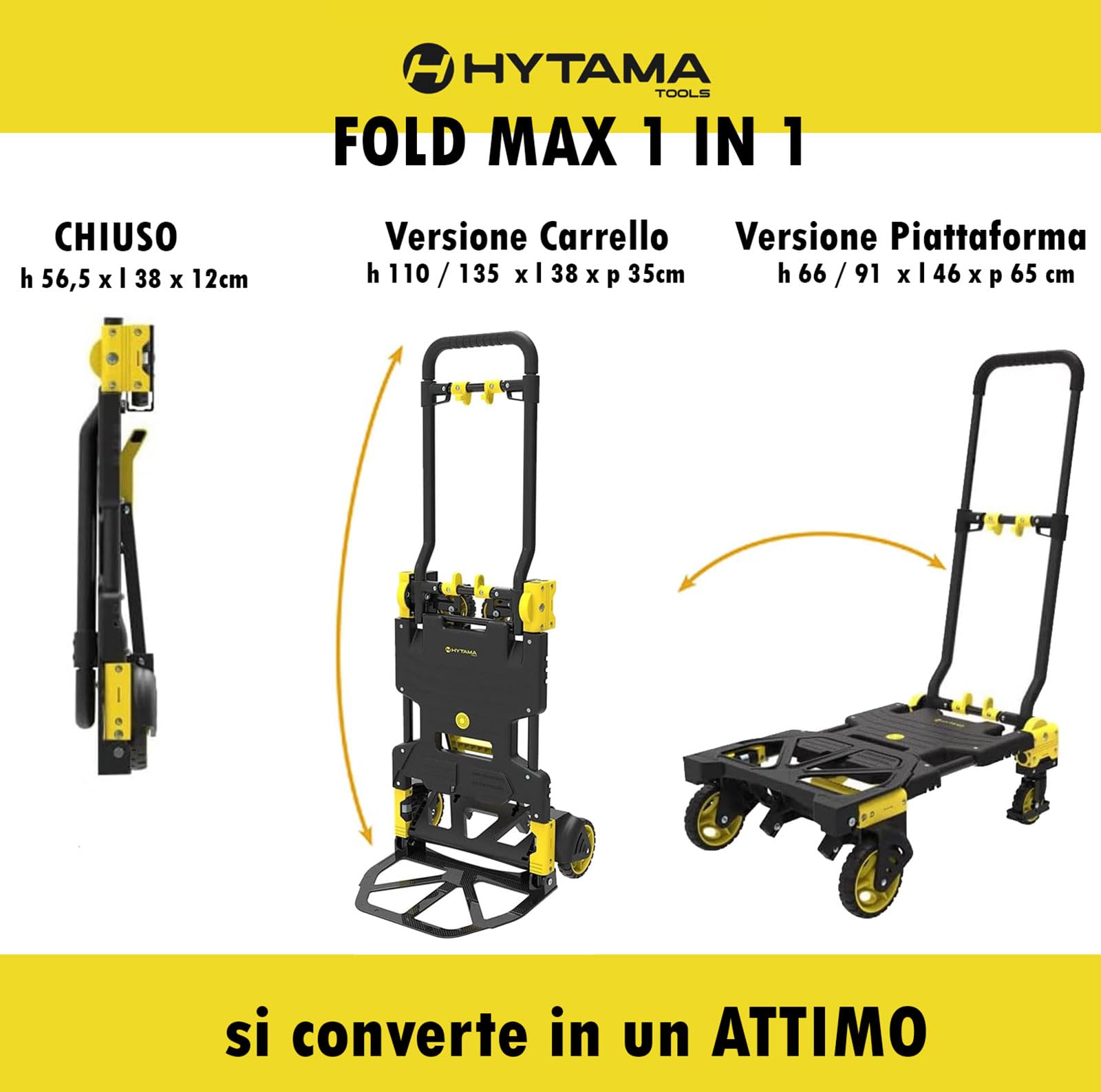 Carrello Portapacchi Pieghevole Professionale FOLD MAX 2 in 1, Trasformabile Trolley/Piattaforma 2-4 Ruote, Portatutto Richiudibile Compatto, Portata 70/137 kg, per Scatole, Pacchi e Legna Resistente