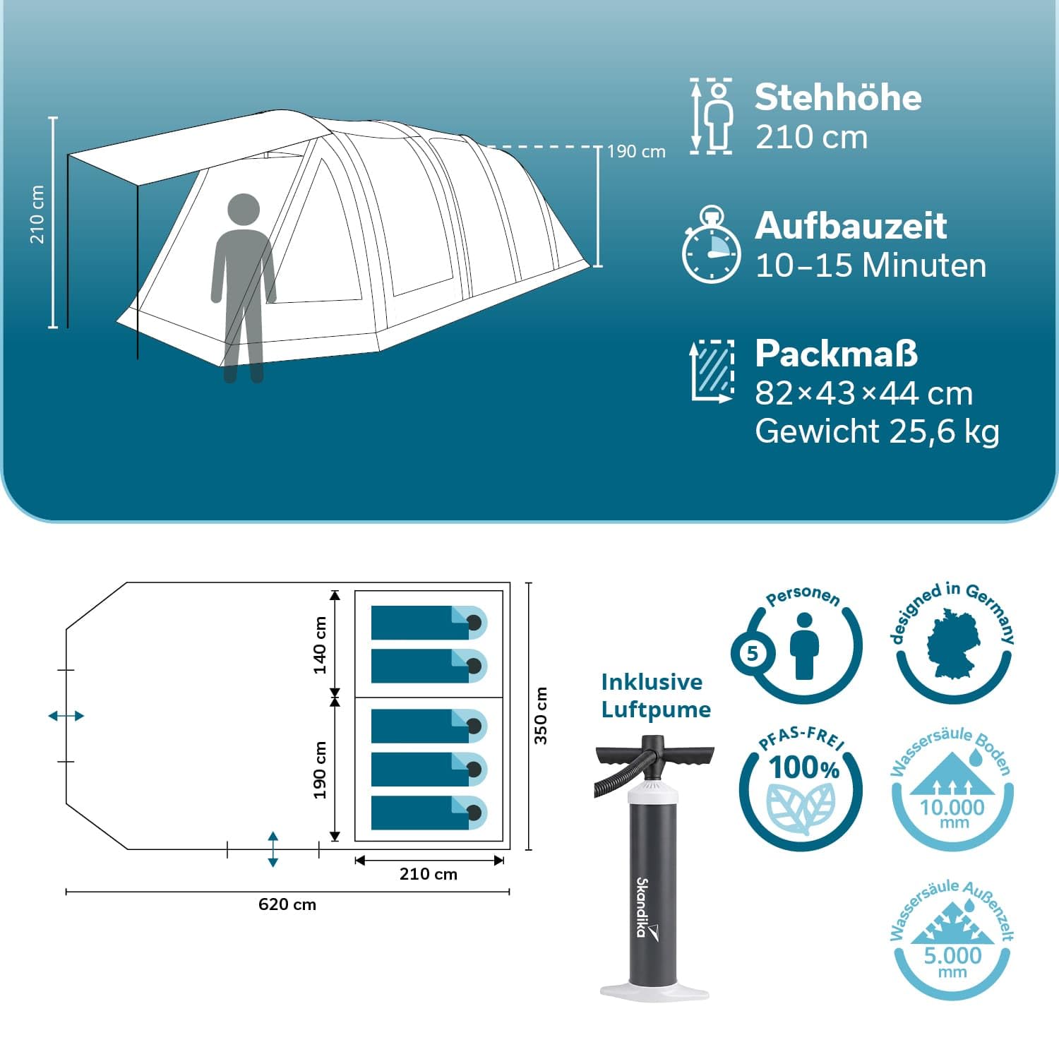 Skandika Tienda de campaña hinchable Folldal Air Protect | Tienda de aire para 4-5 personas, suelo cosido, impermeable, columna de agua de 5000 mm, con bomba, toldo | Tienda de camping, tienda de