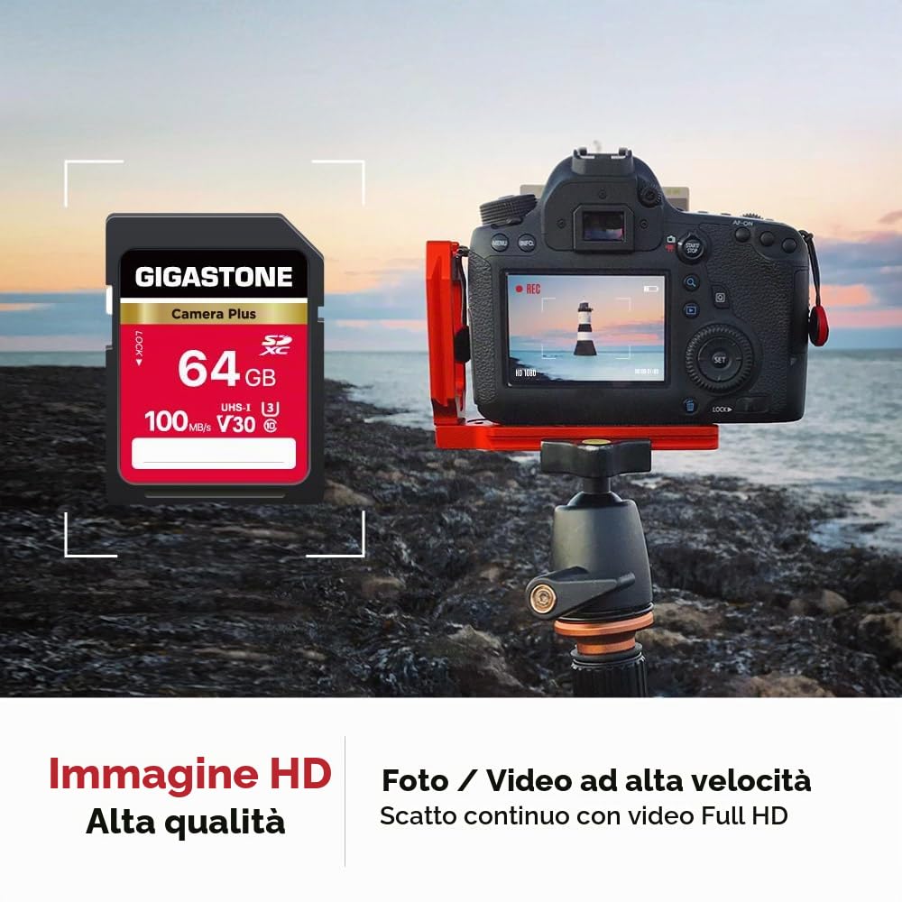GIGASTONE Camera Plus, scheda di memoria SD da 64 GB, velocità fino a 100 MB/s, UHS-I U3 classe 10, scheda di memoria SDXC Full HD per fotocamera digitale, con 2 mini custodie