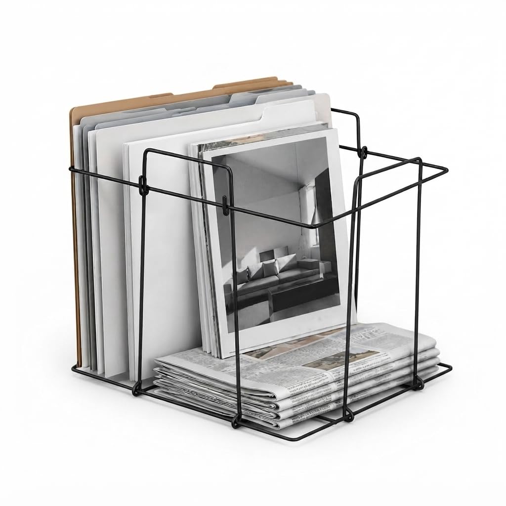 Metal Newspaper Holder & Magazine Rack – Black Iron Wire Modern Storage Basket, File Organizer & Document Stand for Home, Office Desk, Study Table & Living Room Decor-image-23