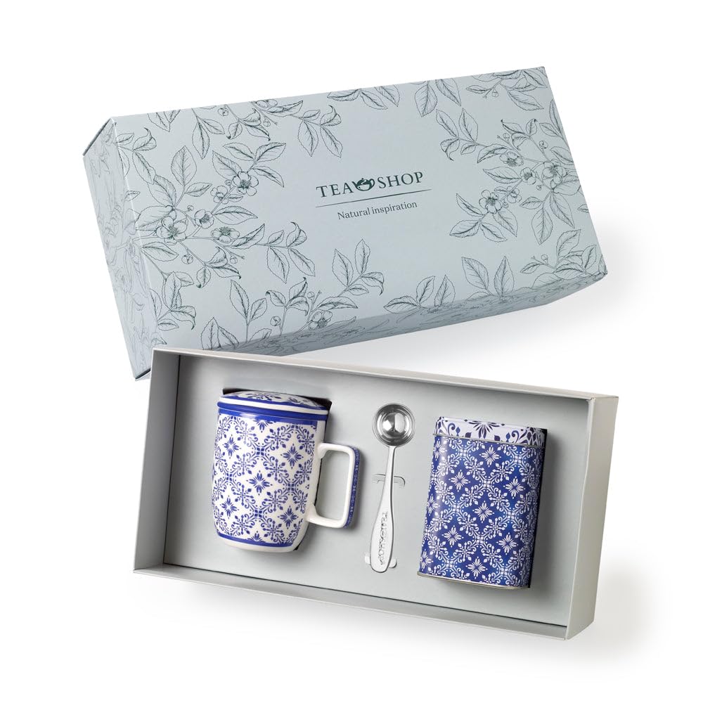 TEA SHOP - Pack Taza de porcelana con Filtro y Tapa + Lata y Cuchara medidora - Set Tea Time Azulejo - Perfecto para Regalo