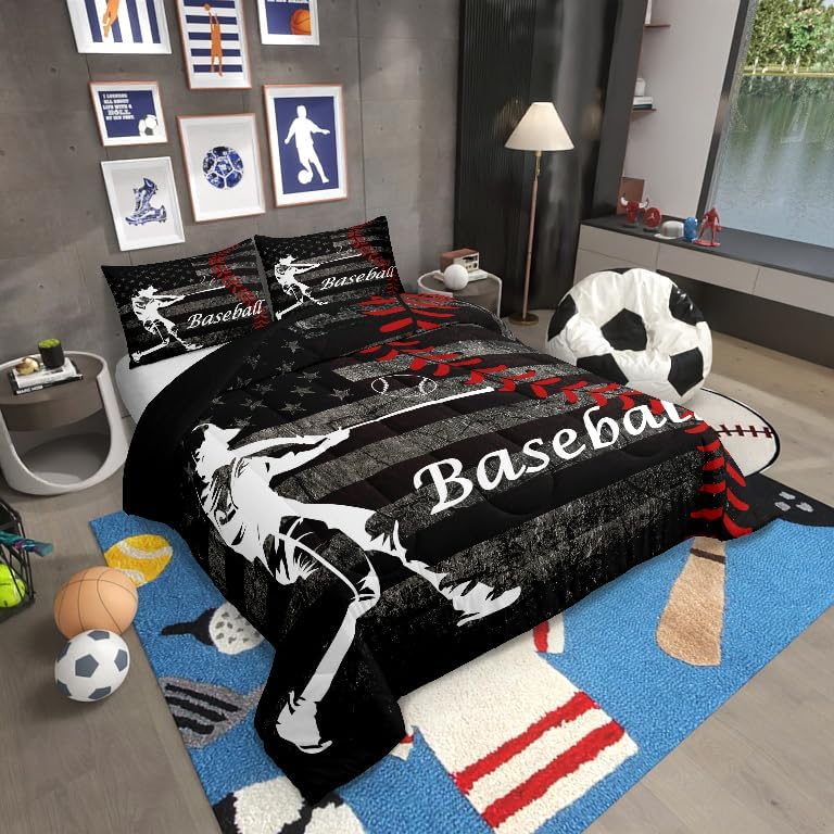Miniatura 4 de Erosebridal Juego de edredón de béisbol para niños, ropa de cama vintage con bandera americana, tamaño Queen para adultos, niñas, niños, juegos de