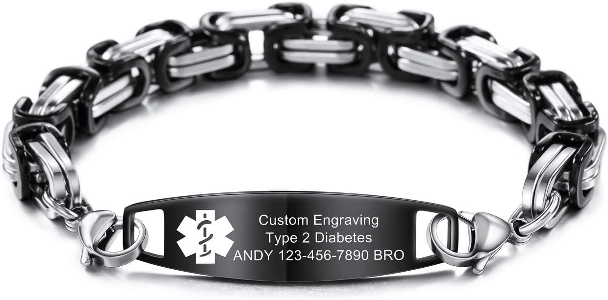 Alert Bracelet Custom Engraved, 6.5-8.7 Inches, Allergy Life Identification Name ID for Men Women Stainless Steel Chain Bracelets - (Bundle with Emergency Card, Holder)