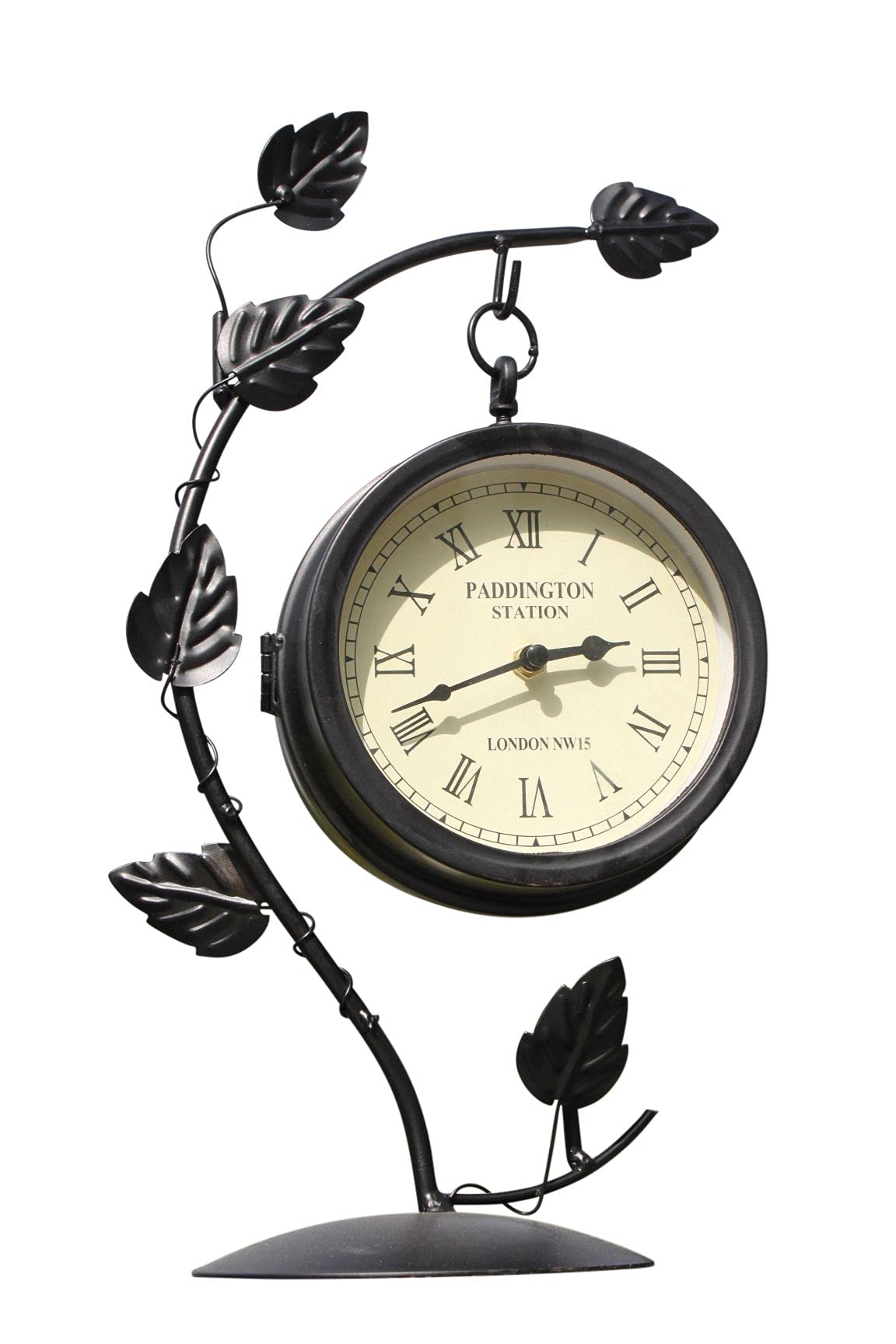 Garden Market Place Garden Clock, Double Sided Freestanding Analogue Outdoor Clock, Indoor or Outdoor Tabletop Clock with Leaf Design, Black Metal, 37cm