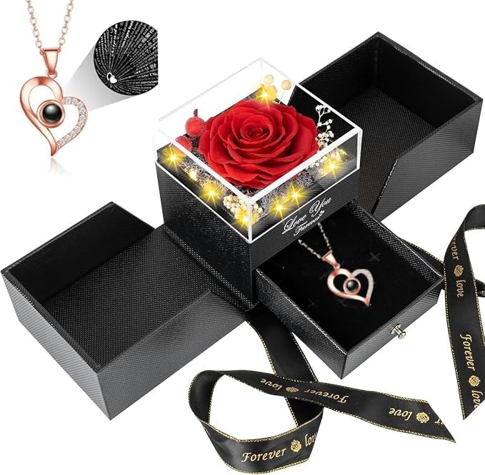 Preserved Real Roses Gifts for Rose for Mom Her Girlfriend Wife - Gift Box, Necklace w/ 'I Love You' in 100 Languages - Mom, Eternal Rose, Forever Rose for Mum, Presents for Women, Necklace Box