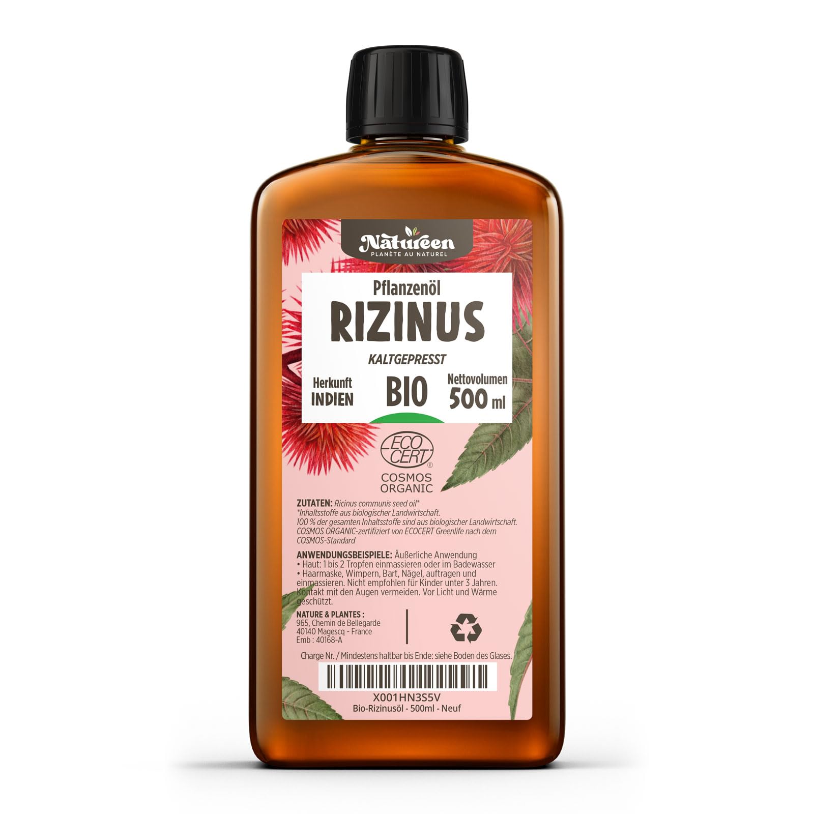 Rizinusöl Bio 500 ml - 100% Rein, Natürlich und Kaltgepresst - Wimpern, Augenbrauen, Haare, Bart, Nägel