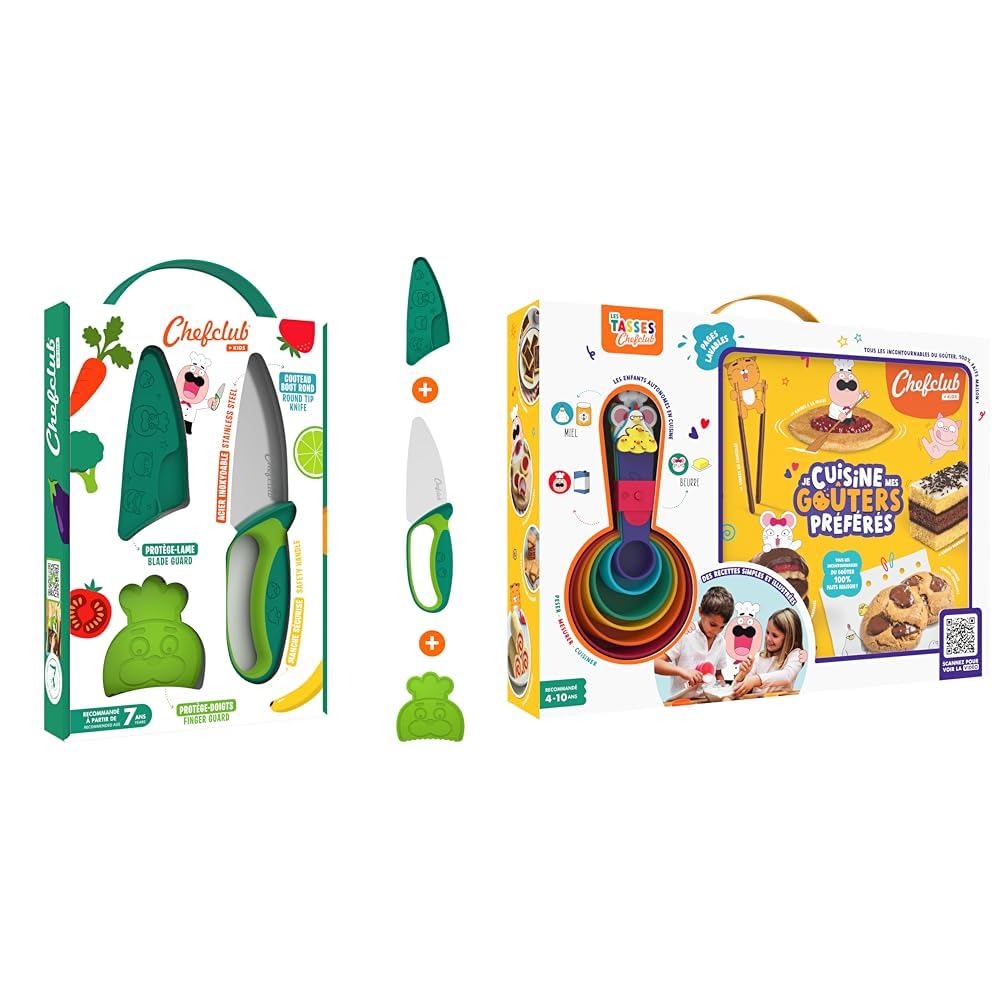 Chefclub Kids - Kit Couteau Sécurisé + Coffret Je Cuisine Mes Goûters Préférés - Livre Ludique 25 Recettes - Apprentissage Cuisine Enfants - Tasses Doseuses Incluses - Idée Cadeau Enfant 4 Ans +