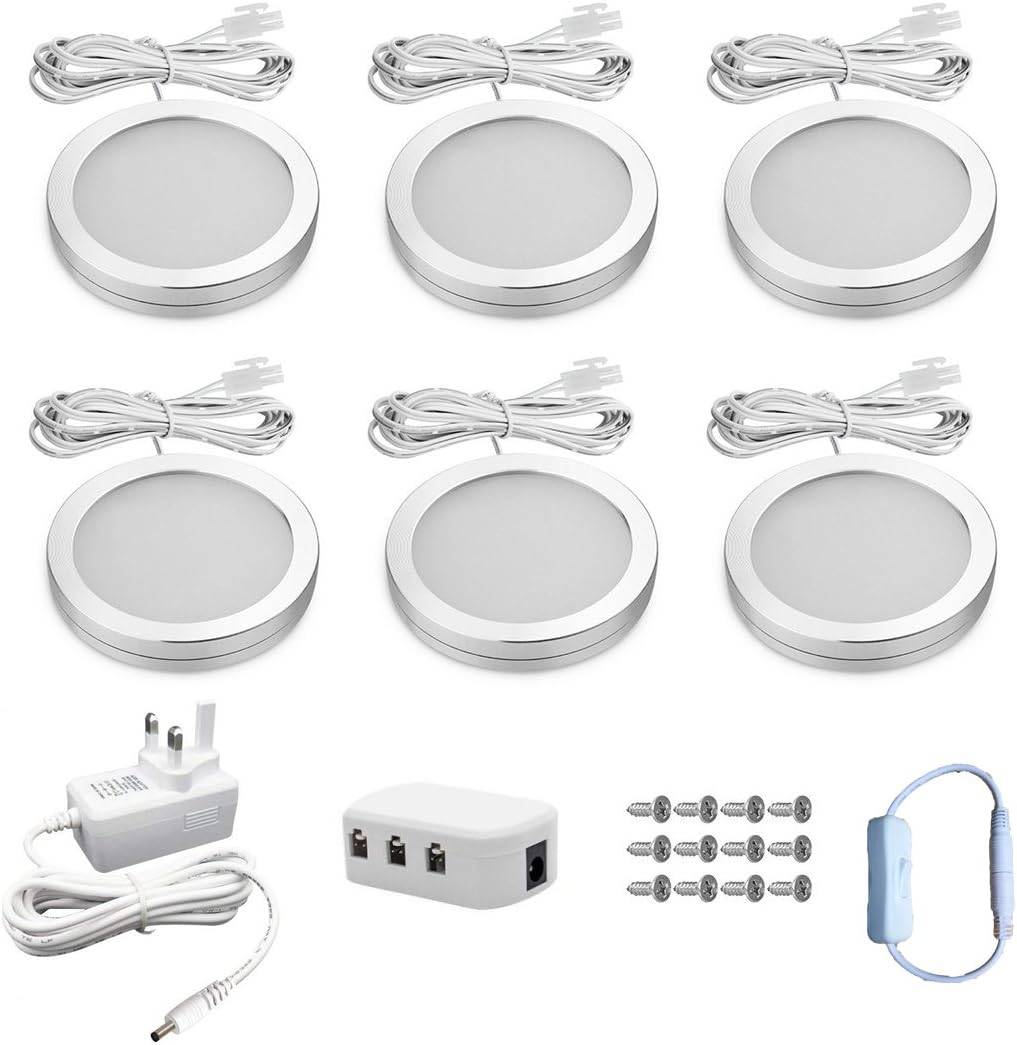 Set of 6 LED Under Cabinet Light 2W, DC 12V, 1140 Lumens LED Under Cabinet Lighting Kit, 6000K Daylight White, All Accessories Included, Kitchen, Closet Lights