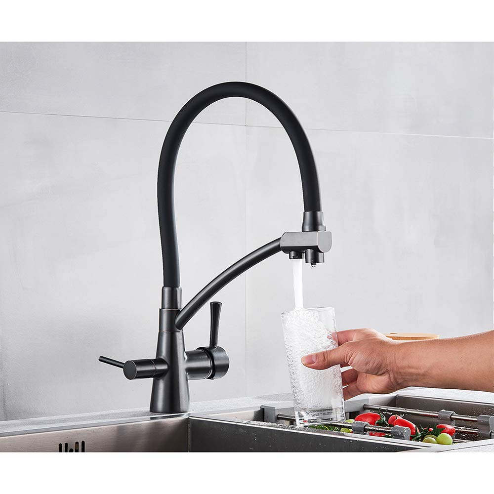 Mitigeur cuisine or brossé 360 avec douchette et eau filtrée pure