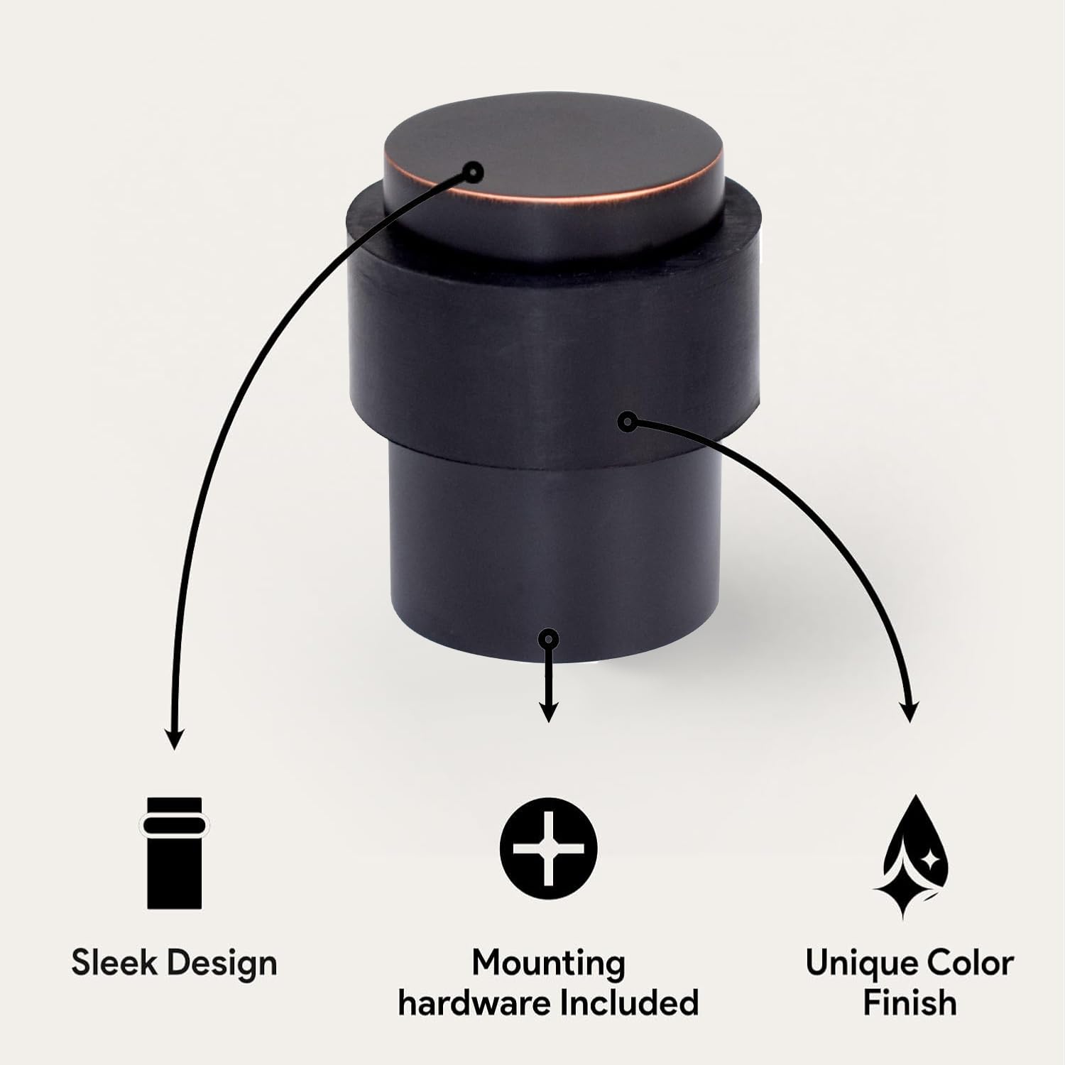 KHTUMEWARE 3801 cylindrical floor door stop dimension diagram, 1-1/2 in (38 mm) overall height, 1.38 in (35 mm) max diameter, Oil Rubbed Bronze.