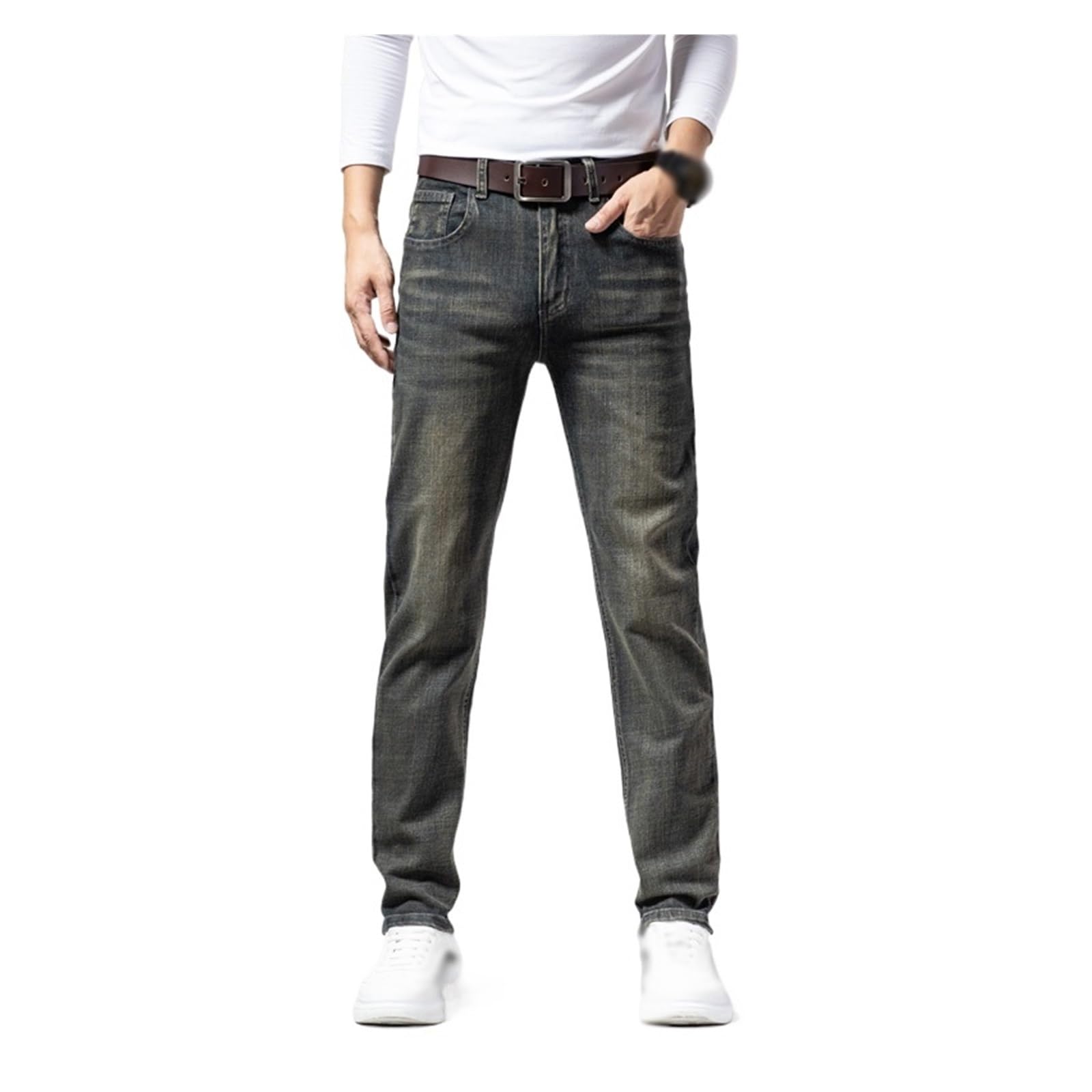Retro Color Autumn Loose Straight Stretch Denim Trousers Male Regular Fit Pants