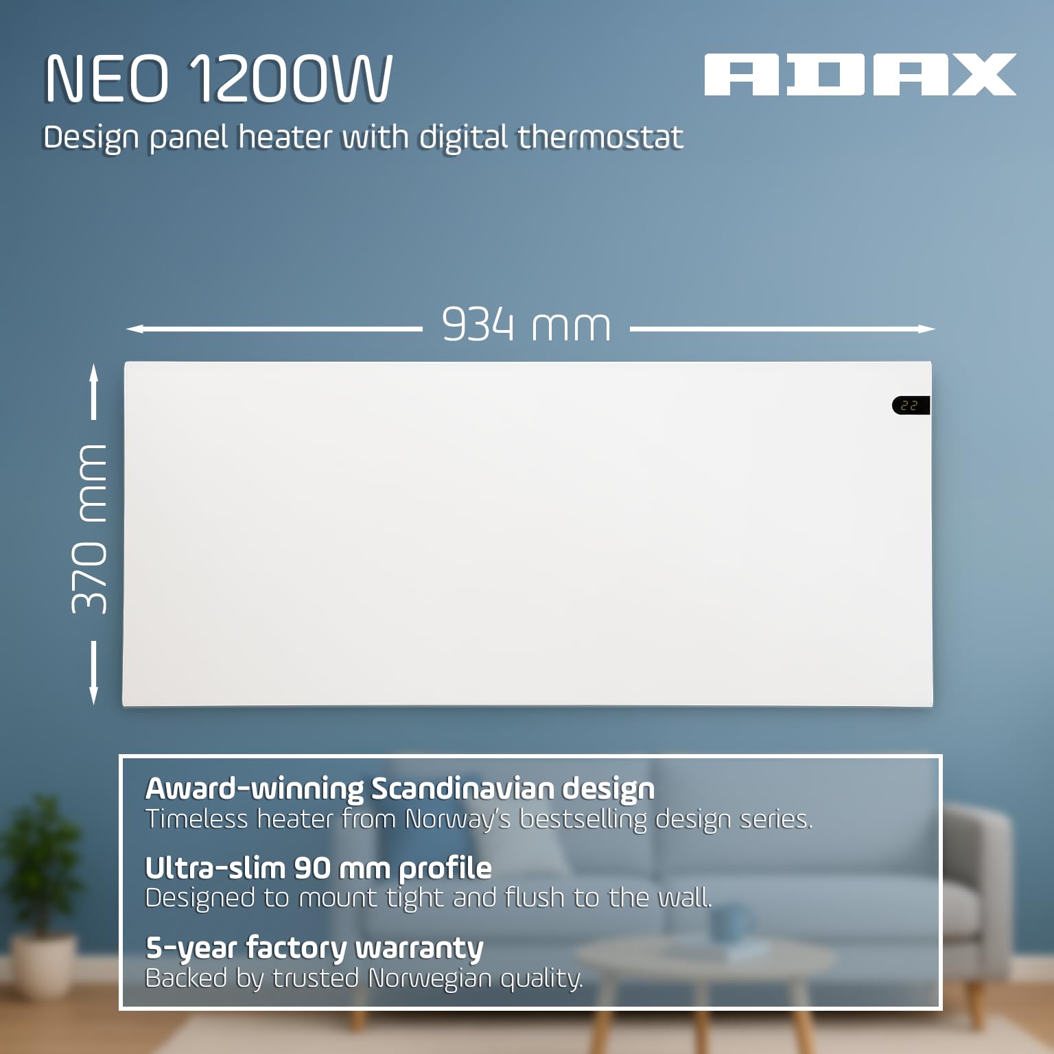 Adax Neo NP - Radiatore elettrico moderno | Termosifone Elettrico Basso Consumo | Termoconvettore elettrico | Altezza 370mm | Stufetta elettrica 1200W | KDT Bianco | IP20