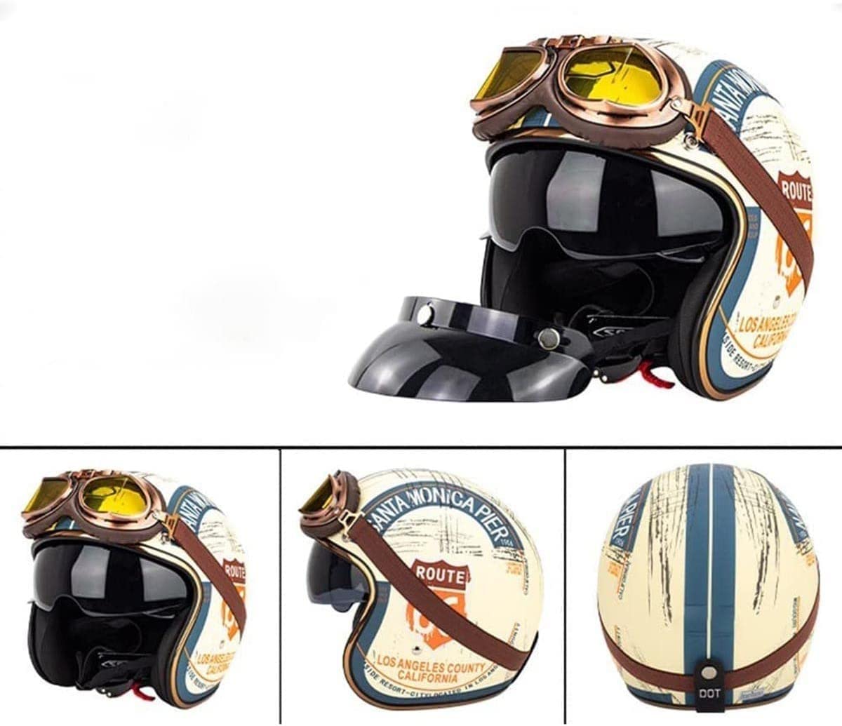 Demi-Casque Moto Jet Vintage Hommes Femmes Avec Pare-Soleil - Casque Ouvert 3/4 DOT Approuvé (A, M=57-58cm)