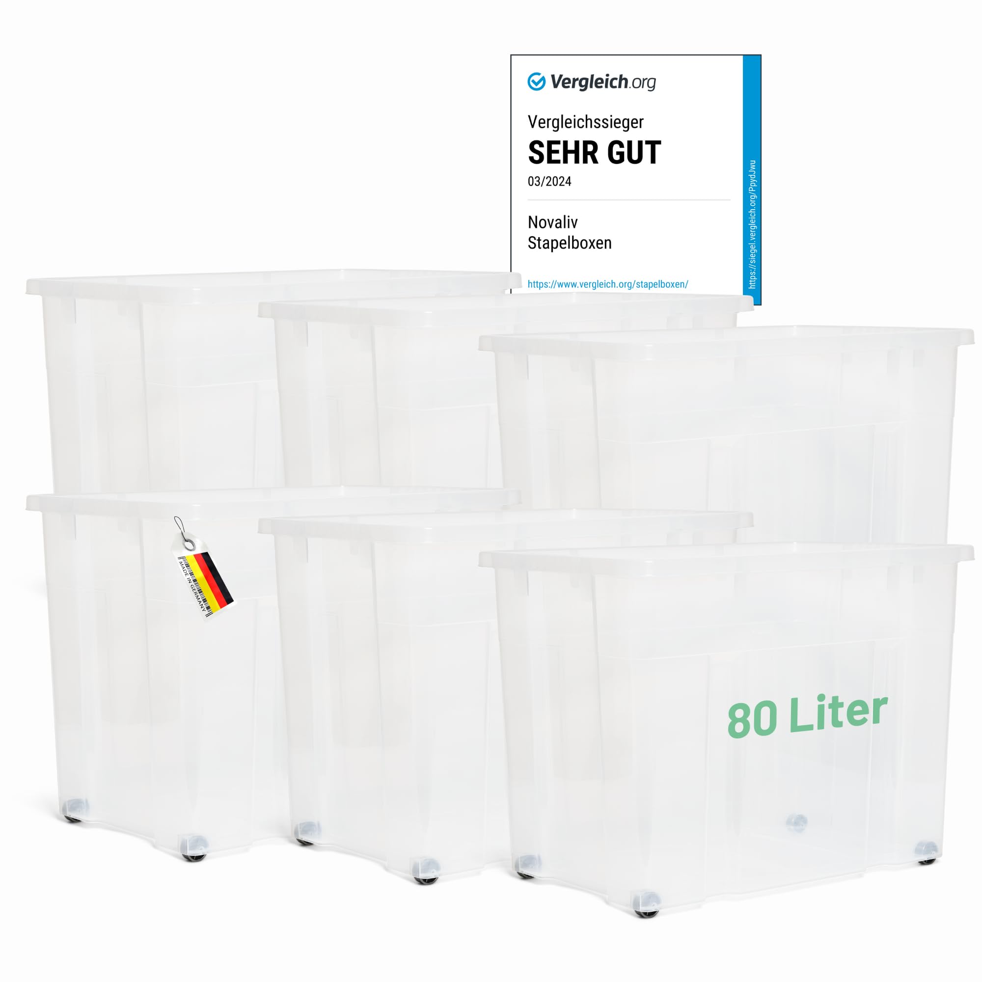 Novaliv 6x XXL Aufbewahrungsboxen ohne Deckel Groß 80L transparente nestbar stapelbar Rollboxen Kunststoff BPA-frei 59x39x44 cm