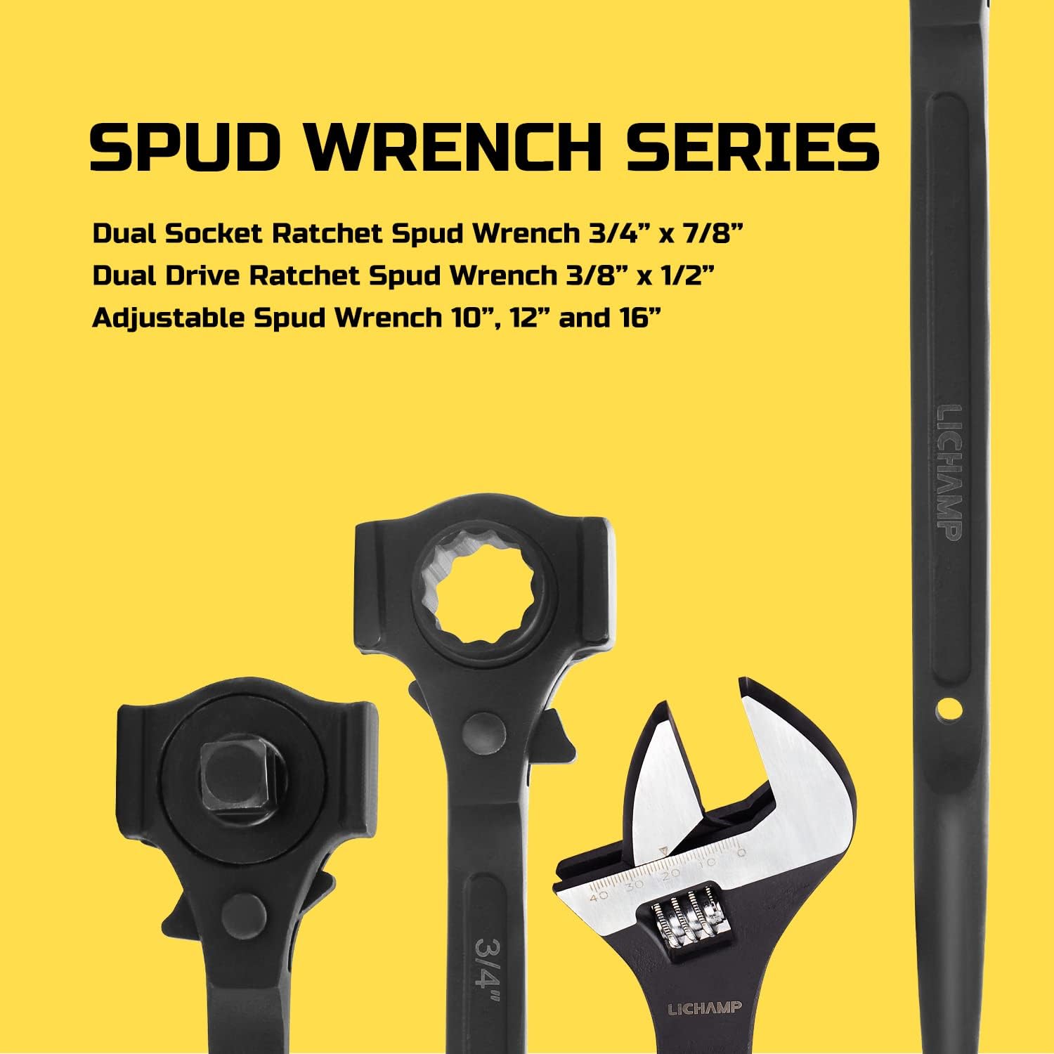 Lichamp 12.4" Spud Ratchet Wrench, 3/8" x 1/2" Dual Drive Ratcheting Hammer Head, Scaffold Steel Construction Tool, Black