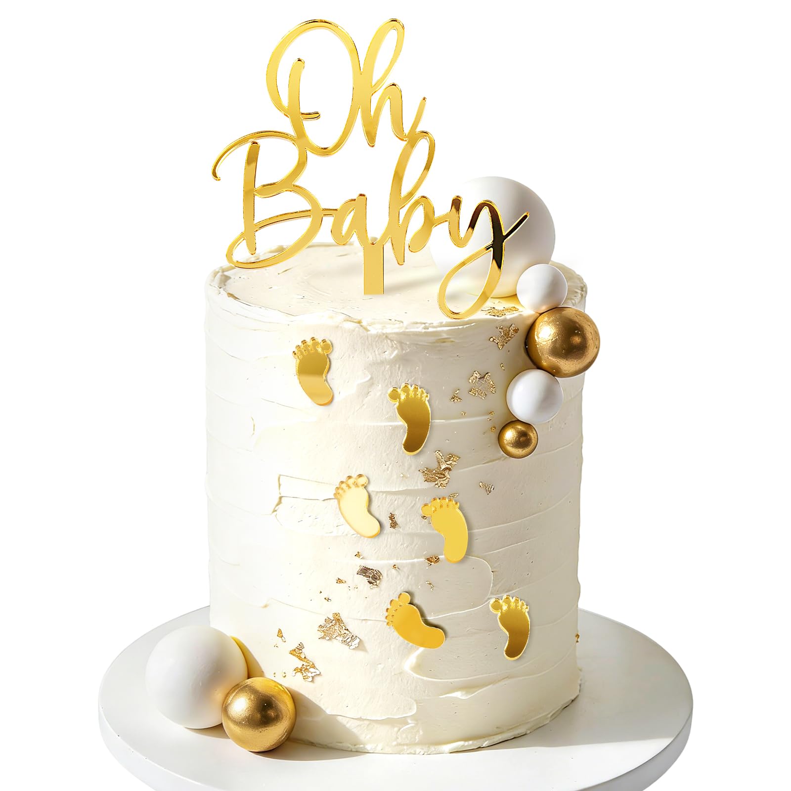 DOORIO 7Pcs Baby Shower Cake Toppers, 1Pc Oh Baby Cake Topper + 6Pcs Footprints Cake Toppers Acrylic Gold Cake Decorations for Boys or Girls Baby Shower Christening Gender Reveal Party Supplies