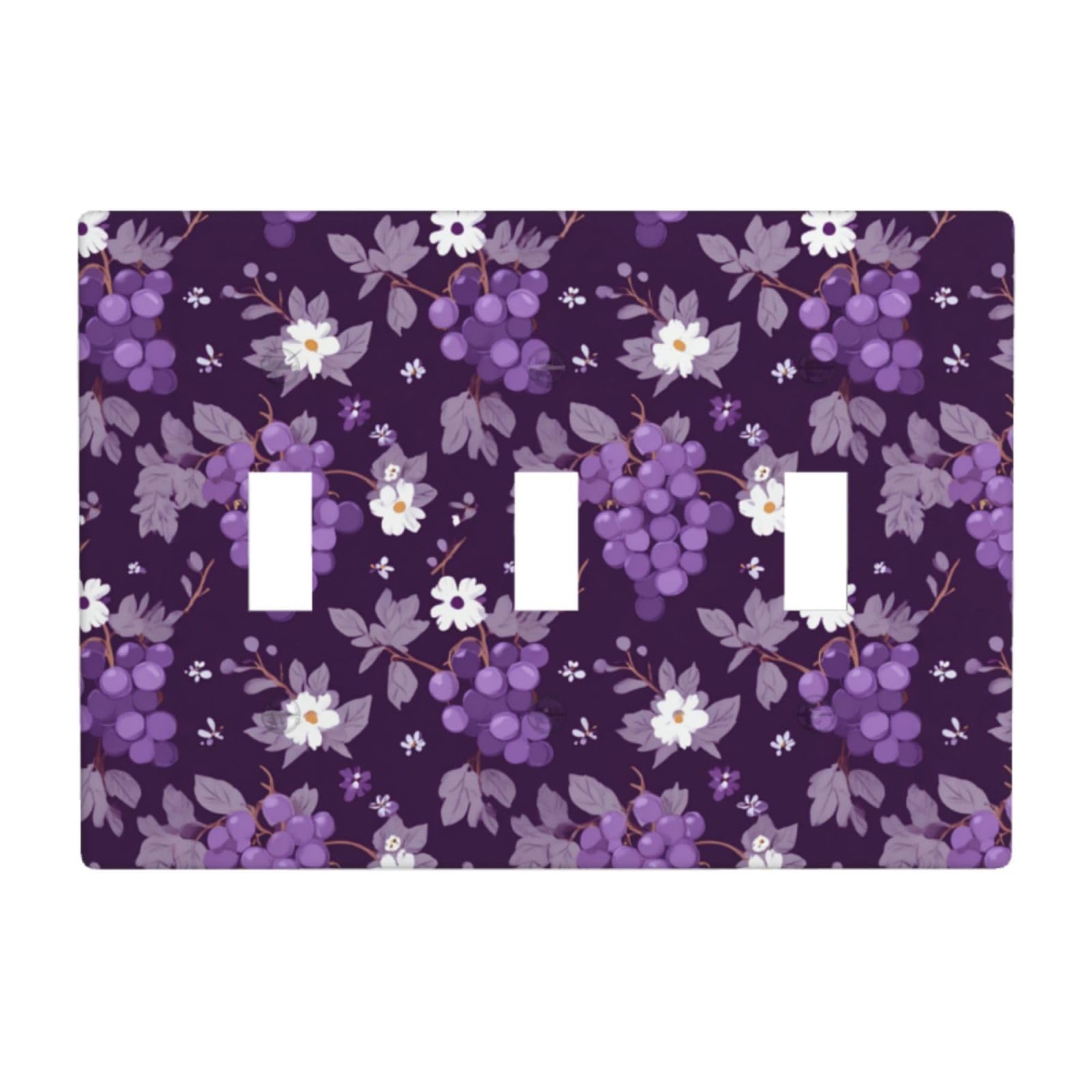 Purple Grapes with White Flowers Pattern Light Switch Covers 3 Gang Triple Toggle Wall Plate Switchplate Electrical Faceplate for Bathroom Kitchen Bedroom Decor