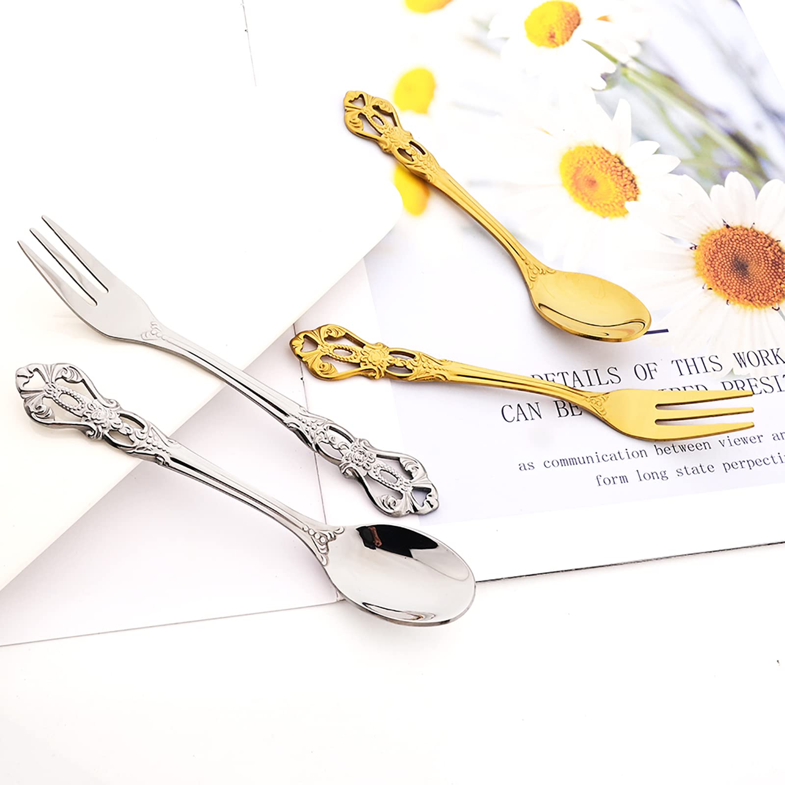 Snplowum 12-Piece Gold Stainless Steel Vintage Coffee Spoon And Cake Fruit Forks, Kitchen Accessory For Dessert, Salad, Appetizer (6 Forks + 6 Spoons)