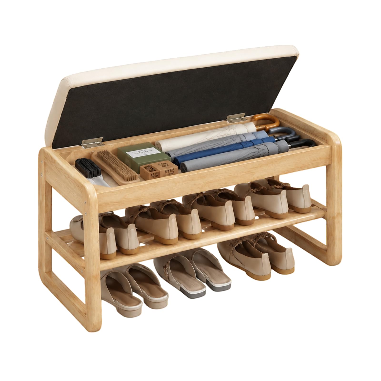 Wood Shoe Storage Bench with Cushion&Flip-Top Storage, 2-Tier Shoe Rack